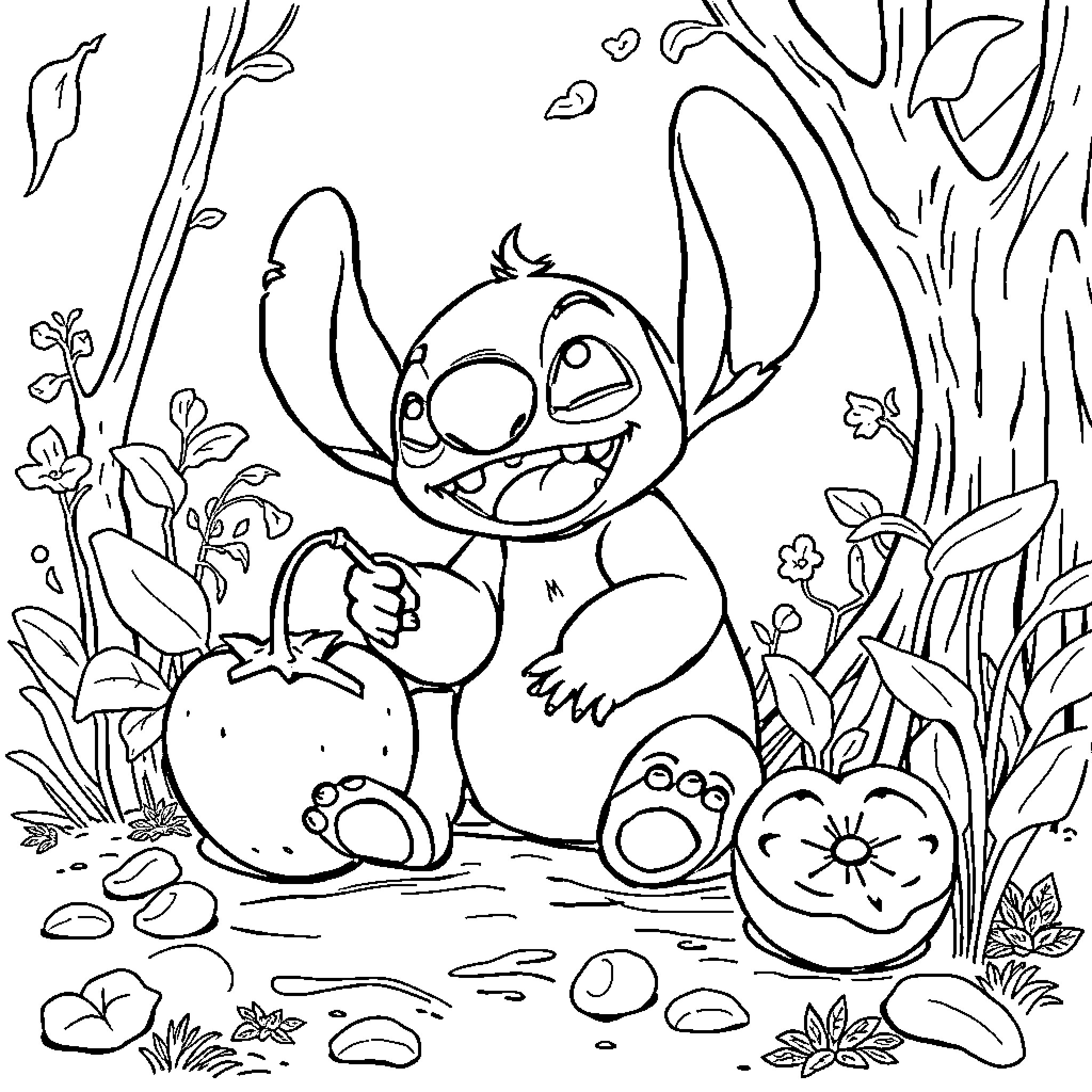 Stitch enjoying nature and its bounty Coloring Page (free black-and-white line drawing printable PDF for all, from beginners to advanced learners, including children, teens, adults, and seniors)