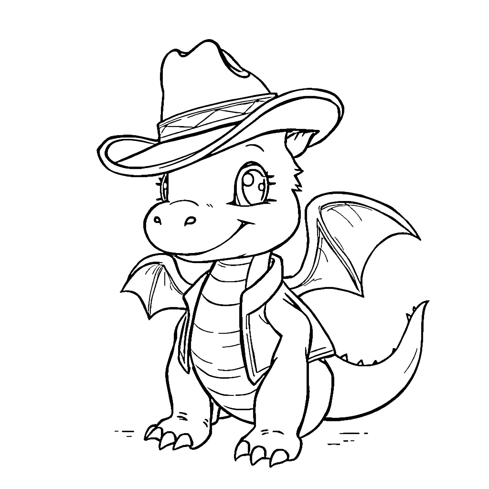 Dragon in Cowboy Hat Exploring the Wild Coloring Page (free black-and-white line drawing printable PDF for all, from beginners to advanced learners, including children, teens, adults, and seniors)