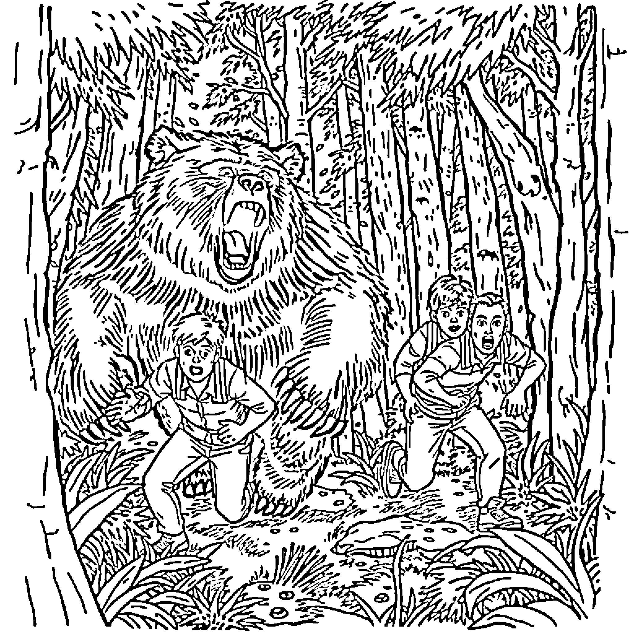 Bear confronting a group in the wilderness Coloring Page (free black-and-white line drawing printable PDF for all, from beginners to advanced learners, including children, teens, adults, and seniors)