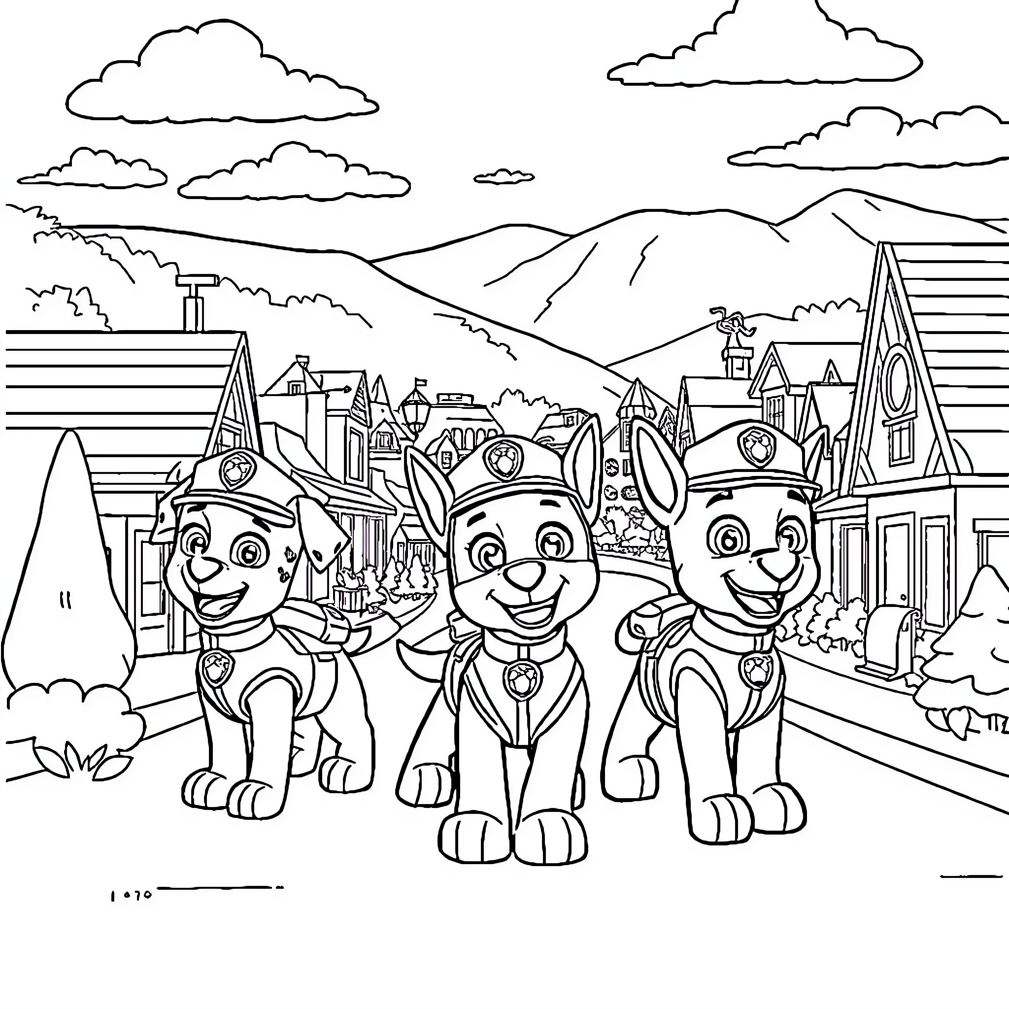 Paw Patrol Pups on a Fun Adventure Coloring Page (free black-and-white line drawing printable PDF for all, from beginners to advanced learners, including children, teens, adults, and seniors)