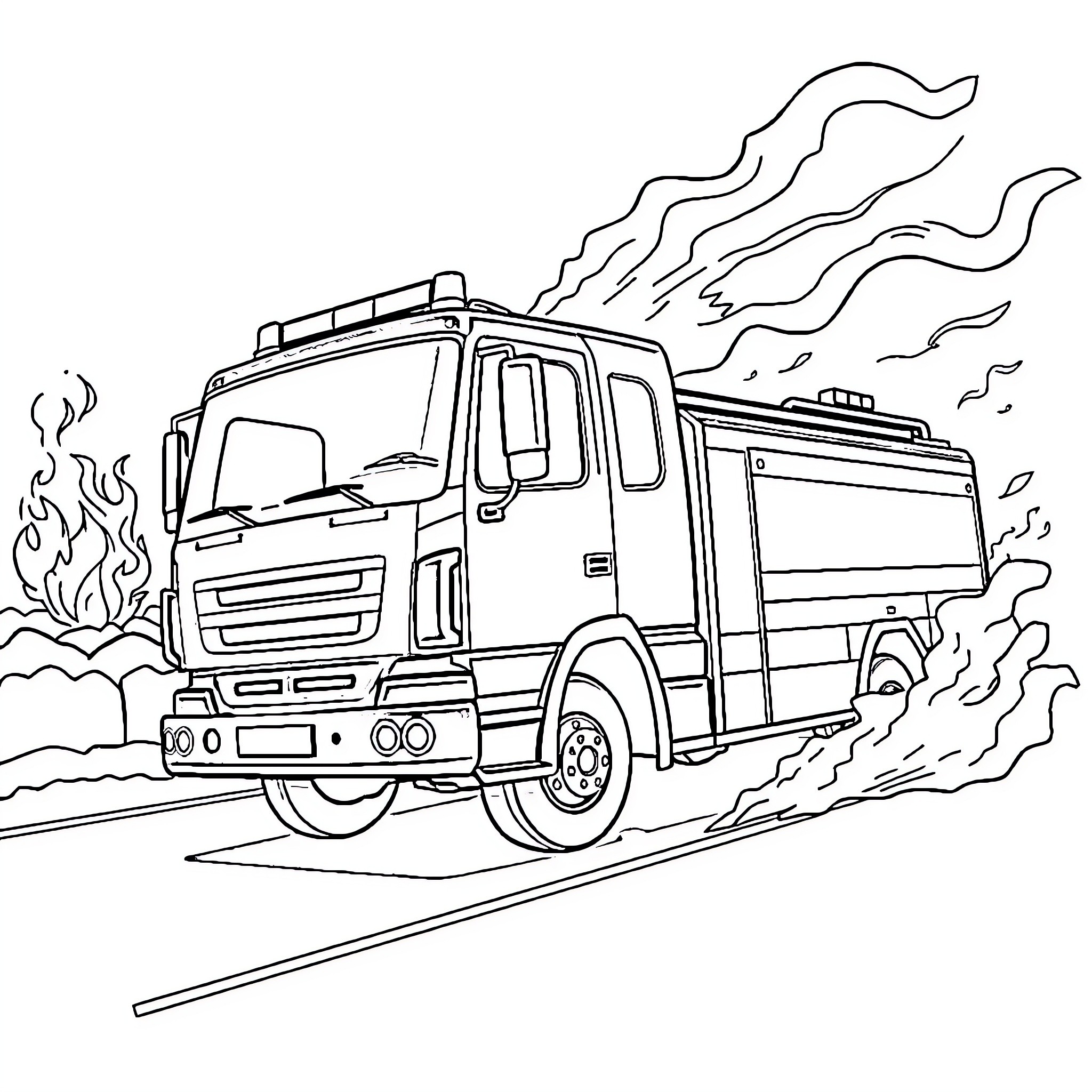 Fire Truck Rushing to Emergency Scene Coloring Page (free black-and-white line drawing printable PDF for all, from beginners to advanced learners, including children, teens, adults, and seniors)