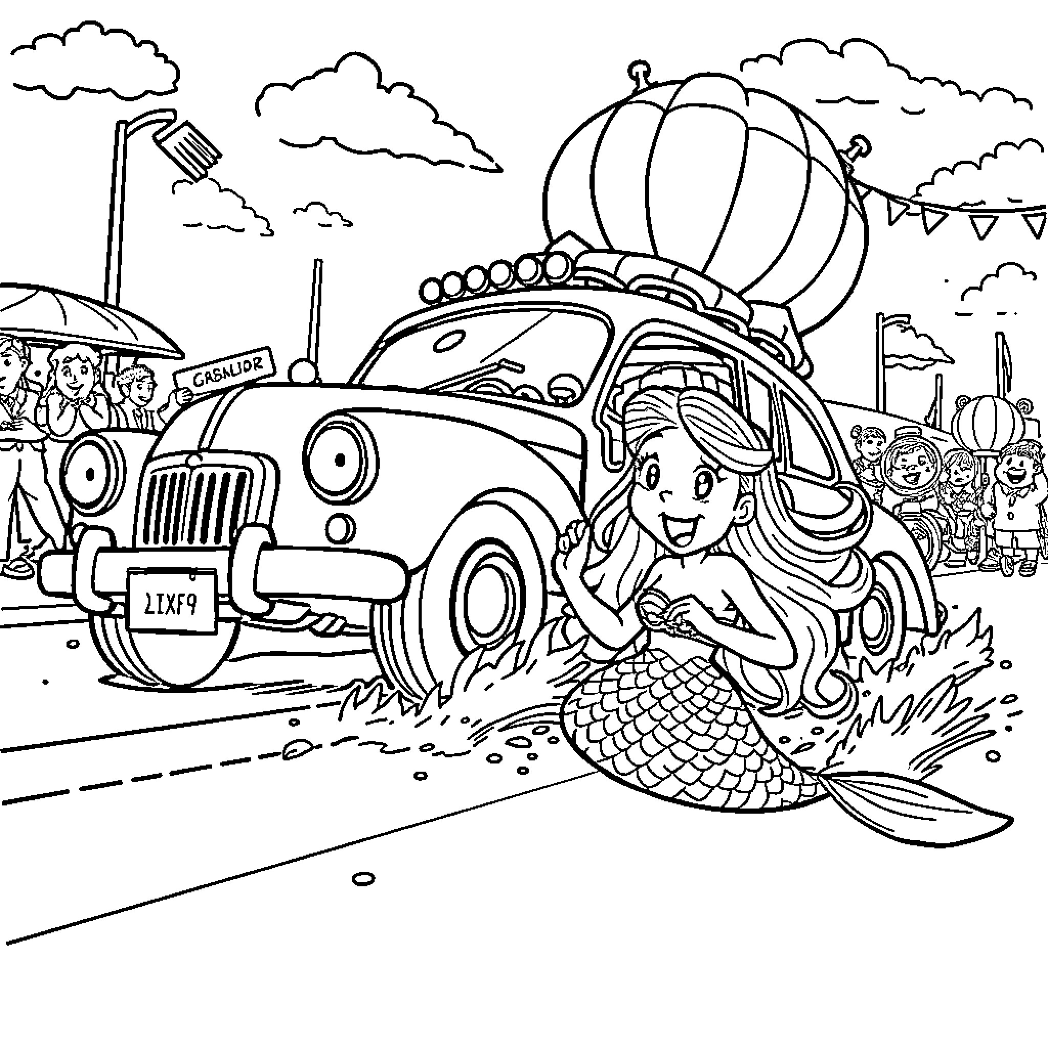 Car with a mermaid character at the carnival Coloring Page (free black-and-white line drawing printable PDF for all, from beginners to advanced learners, including children, teens, adults, and seniors)