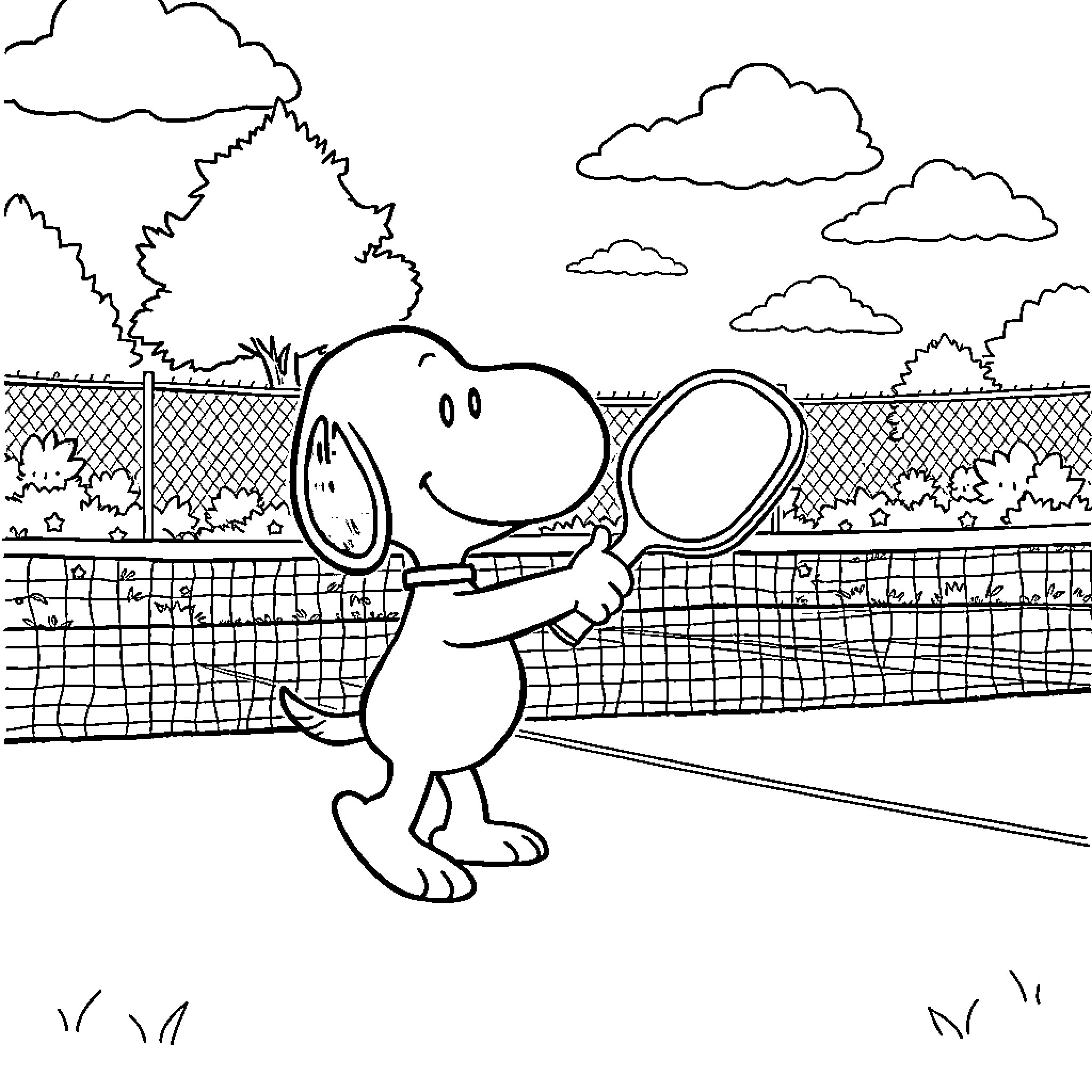 Snoopy playing tennis on the court Coloring Page (free black-and-white line drawing printable PDF for all, from beginners to advanced learners, including children, teens, adults, and seniors)