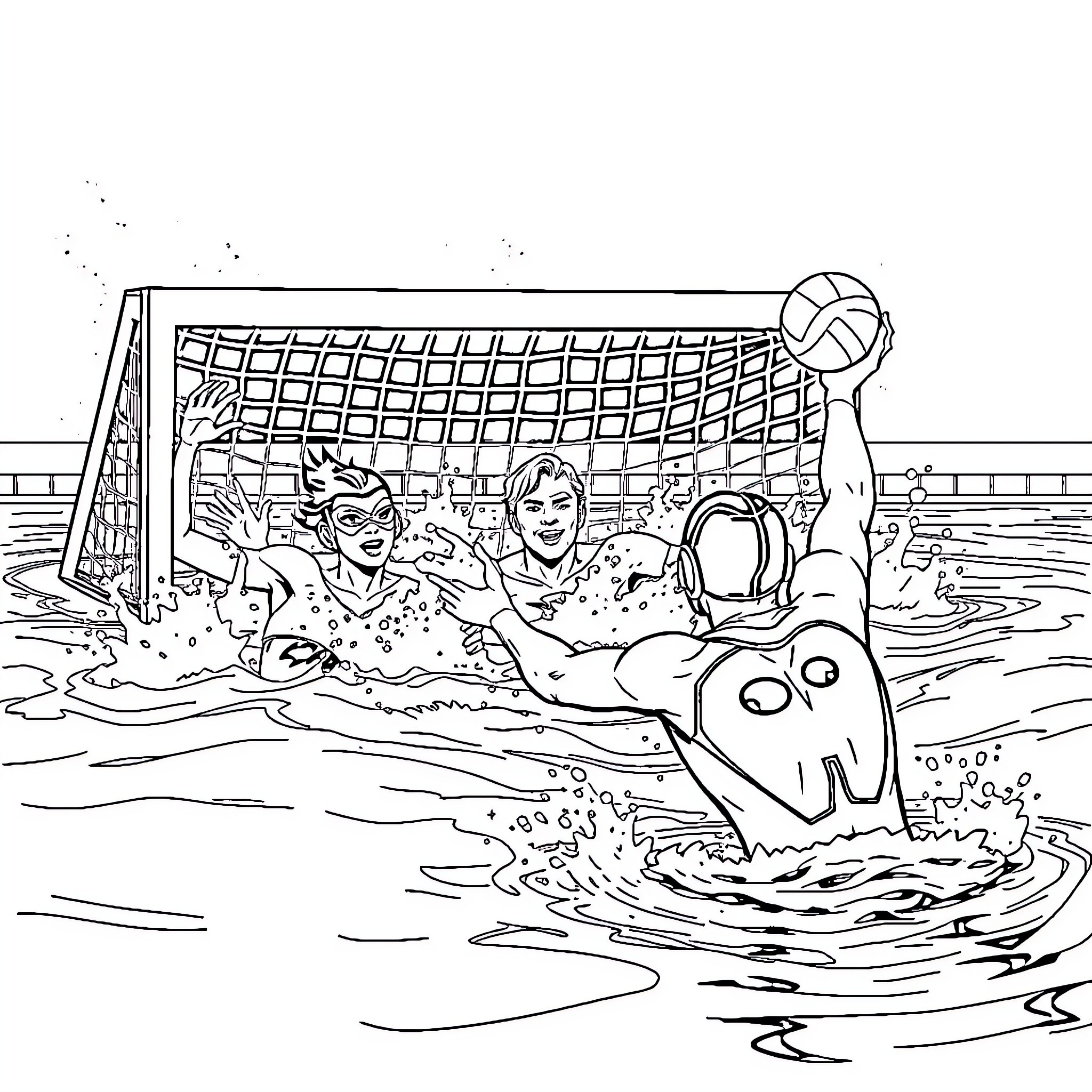 Justice League Playing Volleyball in the Pool Coloring Page (free black-and-white line drawing printable PDF for all, from beginners to advanced learners, including children, teens, adults, and seniors)