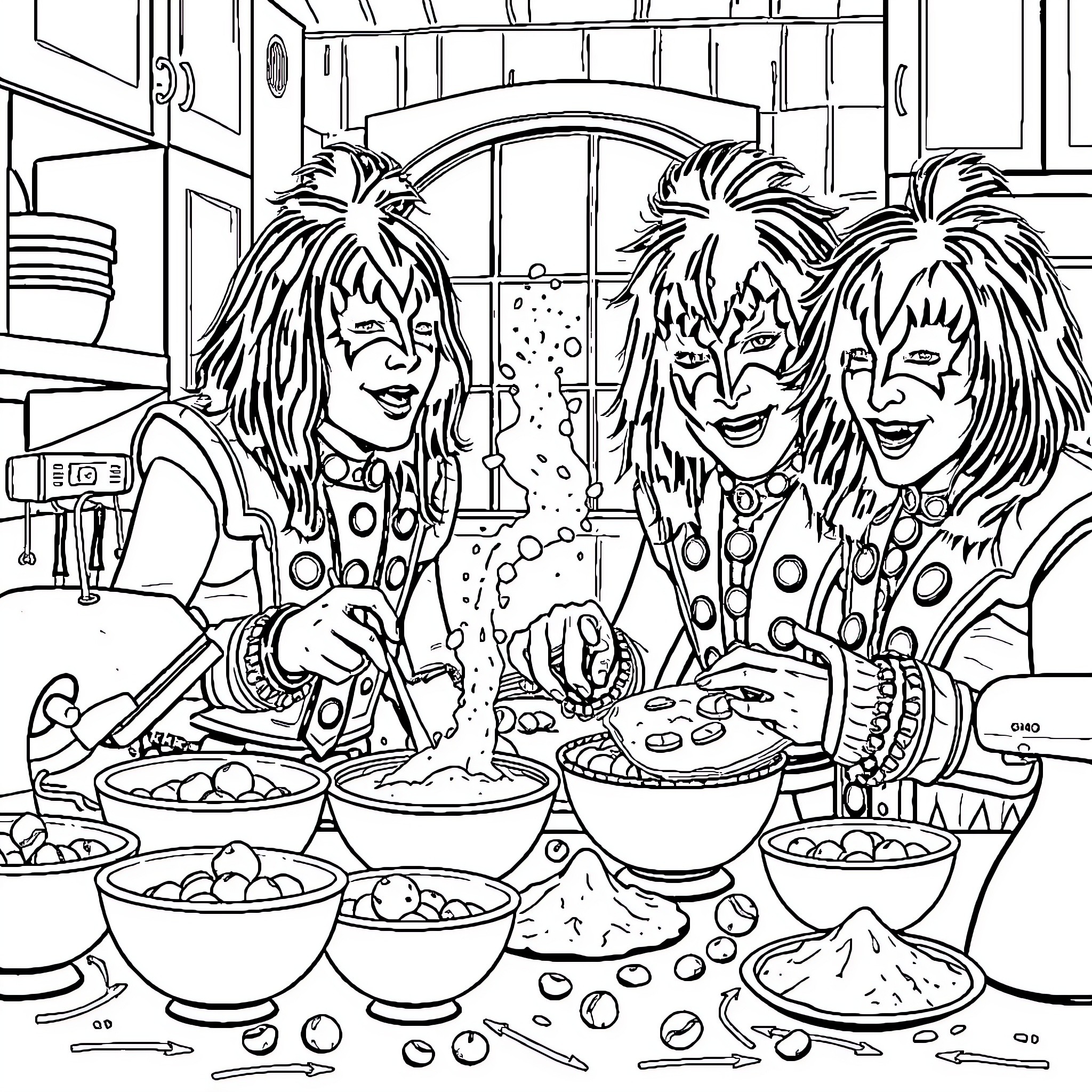 Kiss the Night Away in the Kitchen Coloring Page (free black-and-white line drawing printable PDF for all, from beginners to advanced learners, including children, teens, adults, and seniors)
