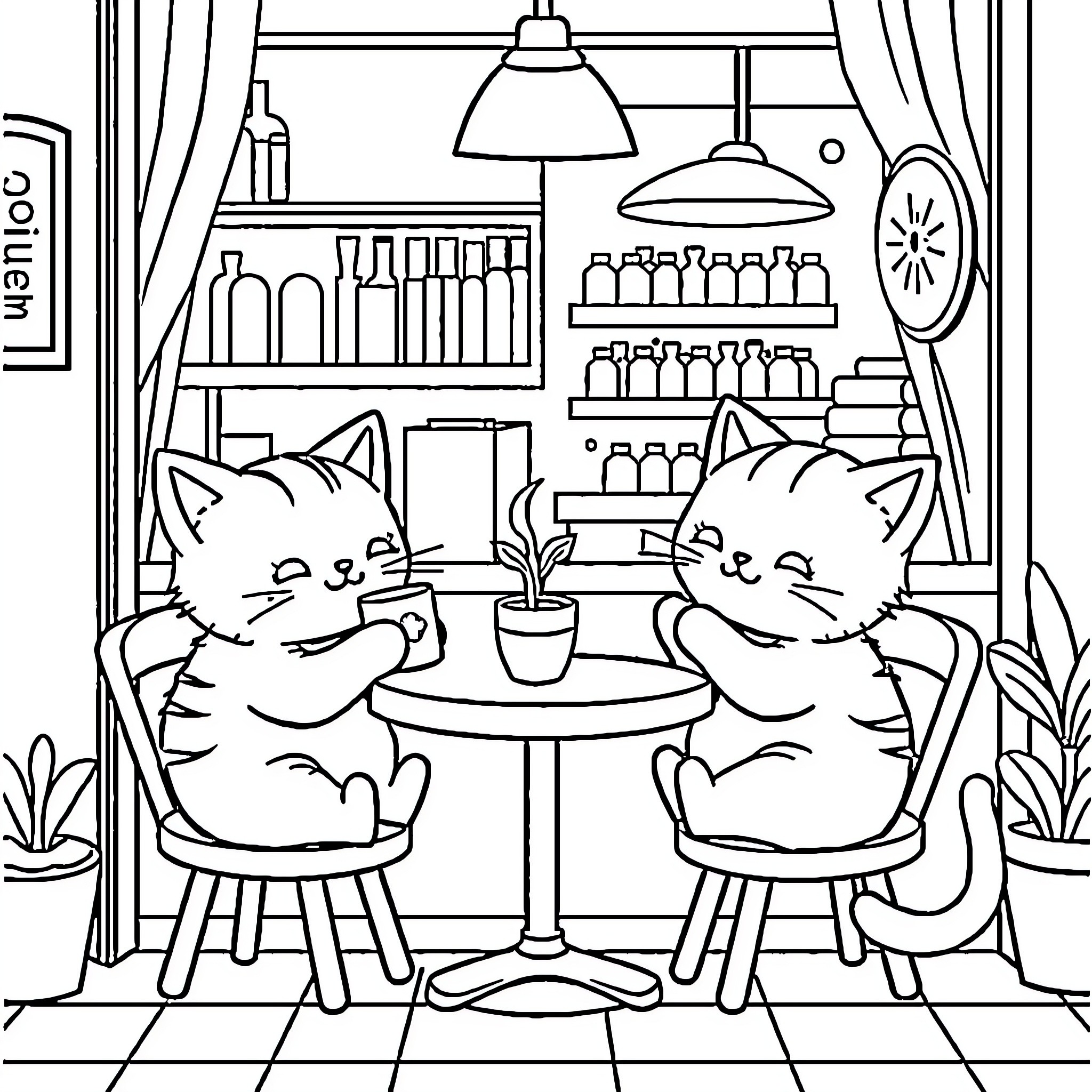 Cats Enjoying Cozy Cafe Coloring Page (free black-and-white line drawing printable PDF for all, from beginners to advanced learners, including children, teens, adults, and seniors)