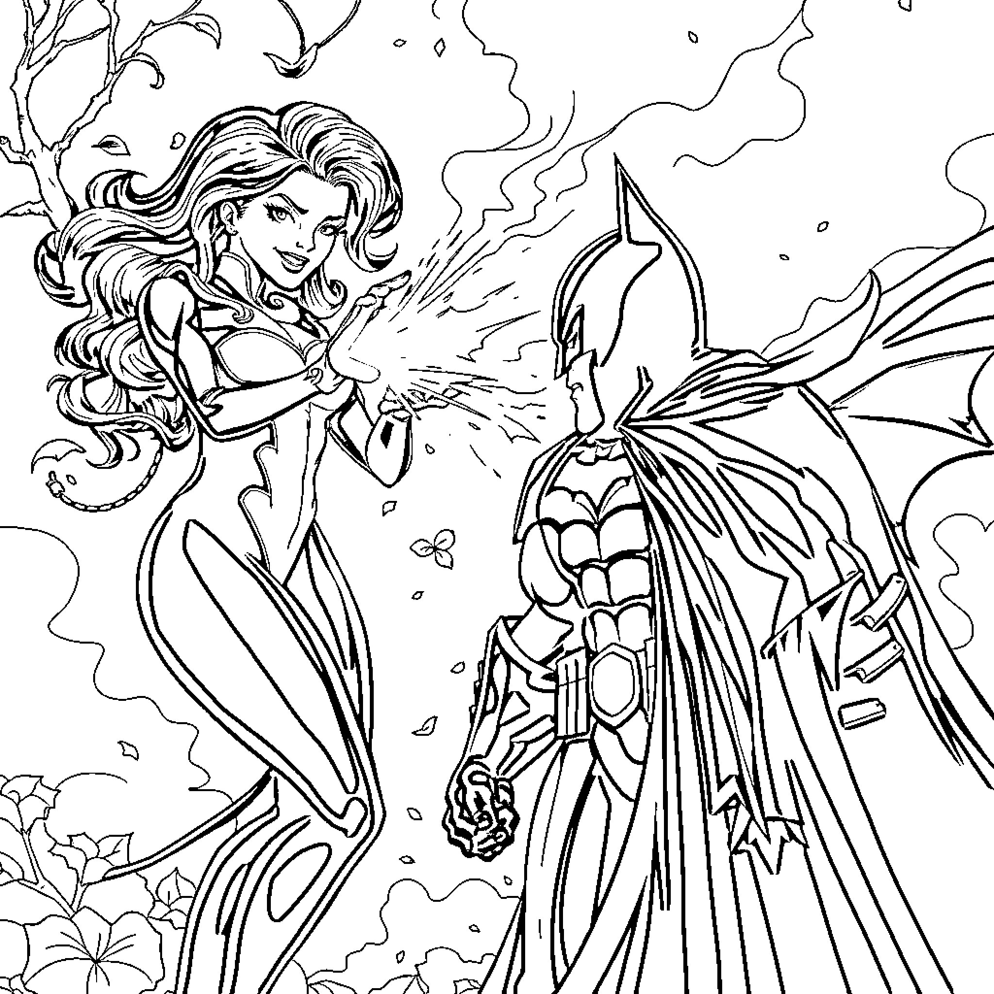 Poison Ivy unleashing her powers against Batman Coloring Page (free black-and-white line drawing printable PDF for all, from beginners to advanced learners, including children, teens, adults, and seniors)
