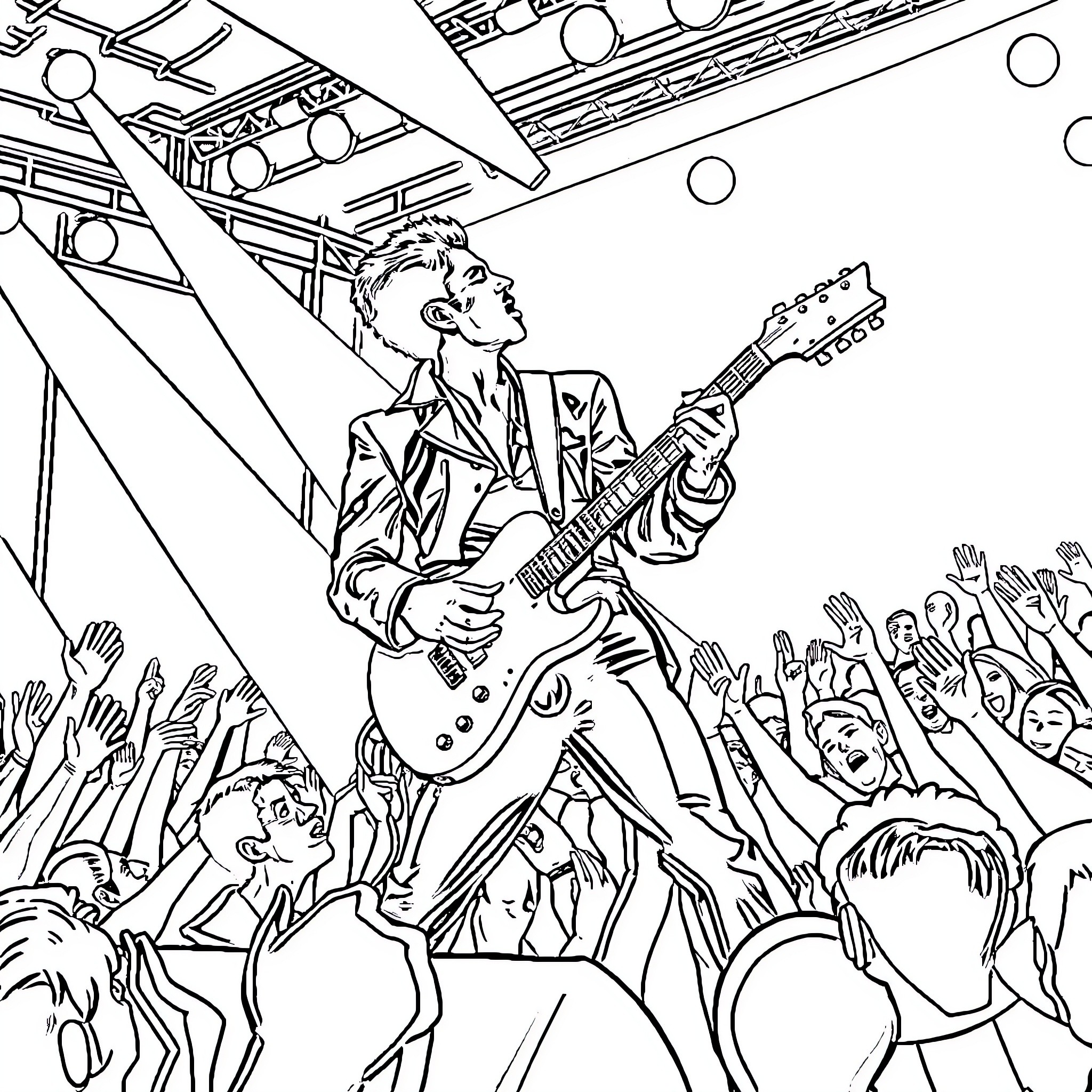 Freddie Mercury performing energetically on stage before a crowd Coloring Page (free black-and-white line drawing printable PDF for all, from beginners to advanced learners, including children, teens, adults, and seniors)