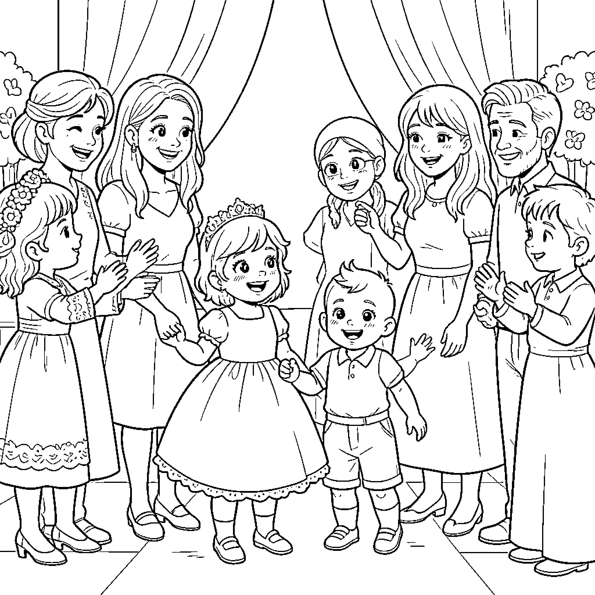 Bautizo: Family celebration of a child's baptism Coloring Page (free black-and-white line drawing printable PDF for all, from beginners to advanced learners, including children, teens, adults, and seniors)