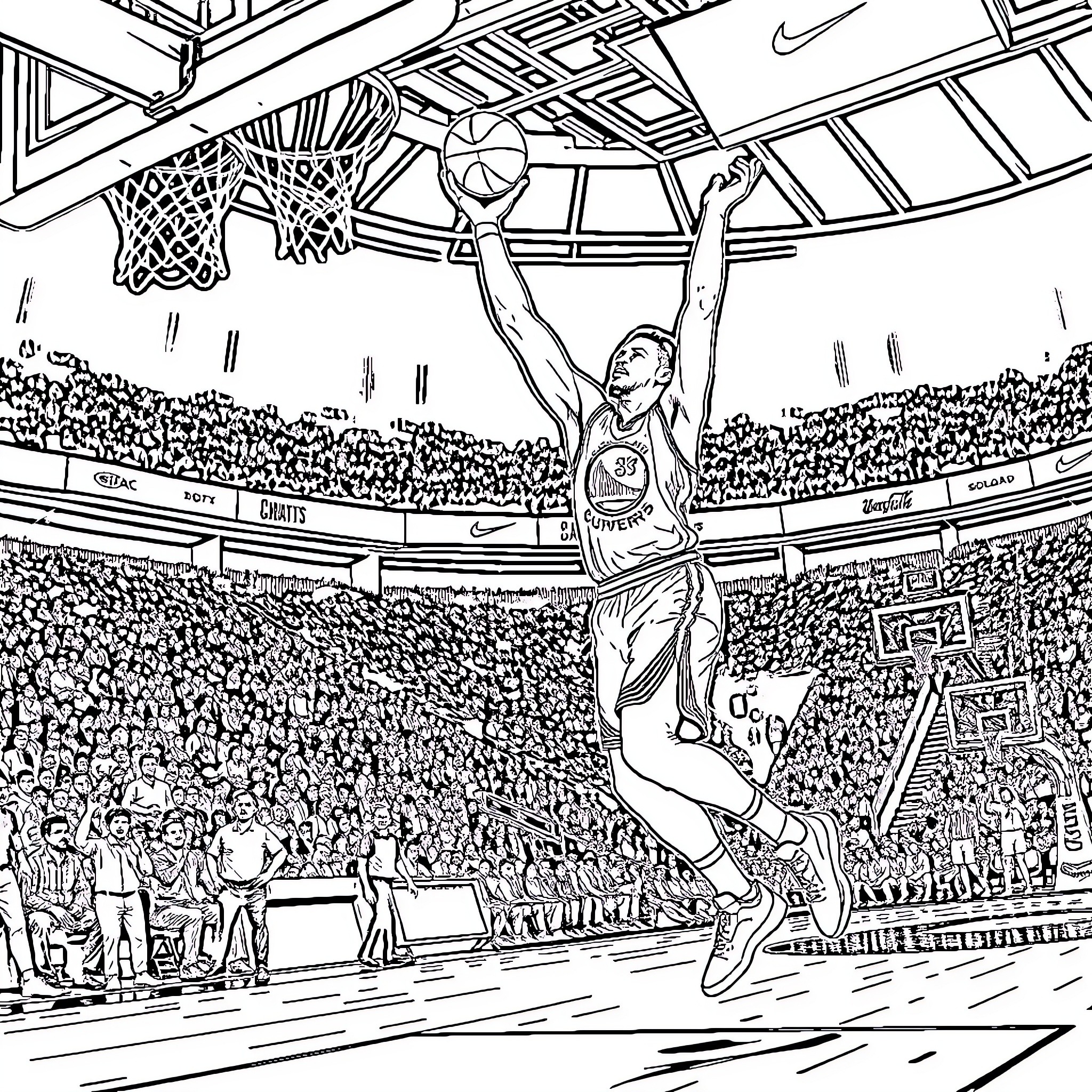 Stephen Curry's Impressive Basketball Slam Dunk Coloring Page (free black-and-white line drawing printable PDF for all, from beginners to advanced learners, including children, teens, adults, and seniors)