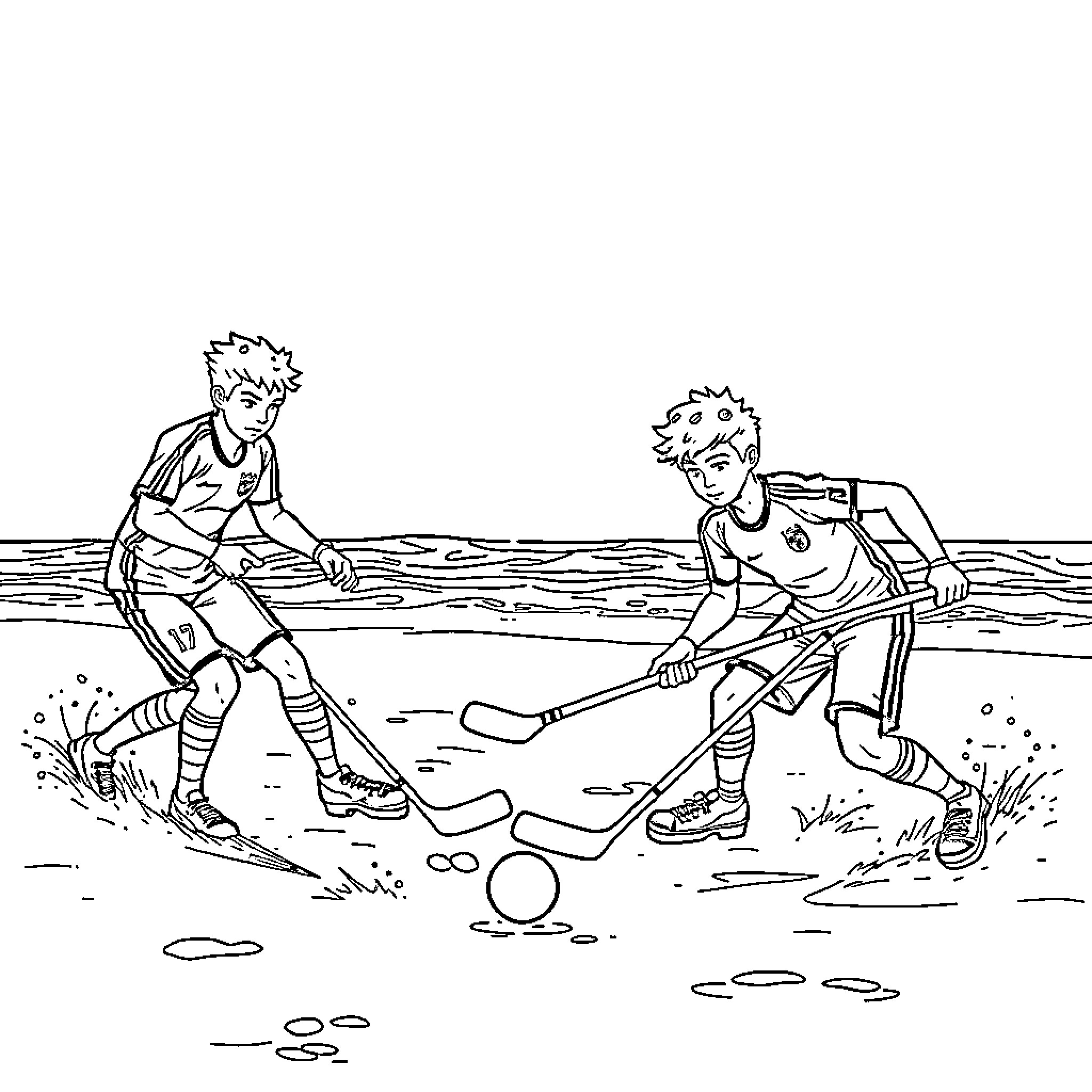 Zarco boys playing field hockey on the beach Coloring Page (free black-and-white line drawing printable PDF for all, from beginners to advanced learners, including children, teens, adults, and seniors)