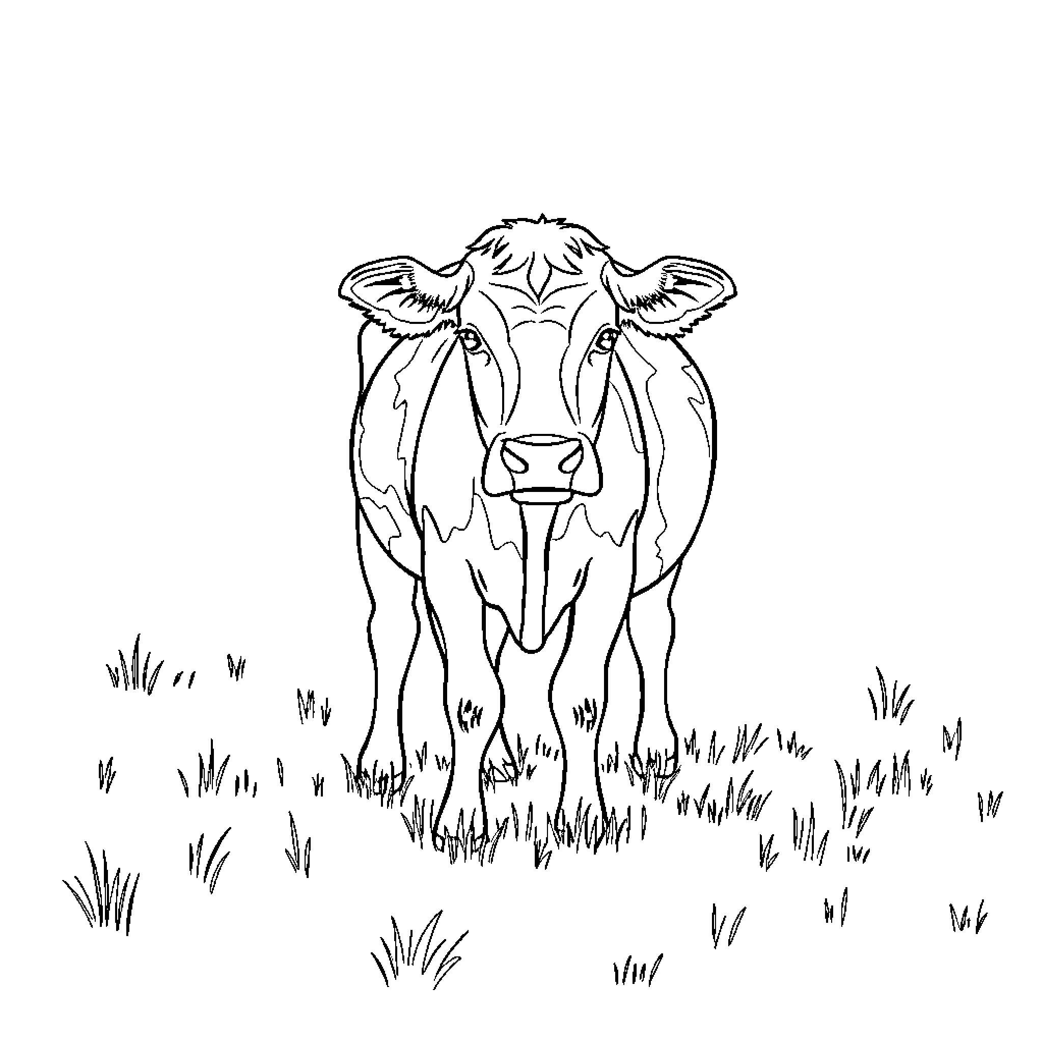 Cow standing in the meadow Coloring Page (free black-and-white line drawing printable PDF for all, from beginners to advanced learners, including children, teens, adults, and seniors)