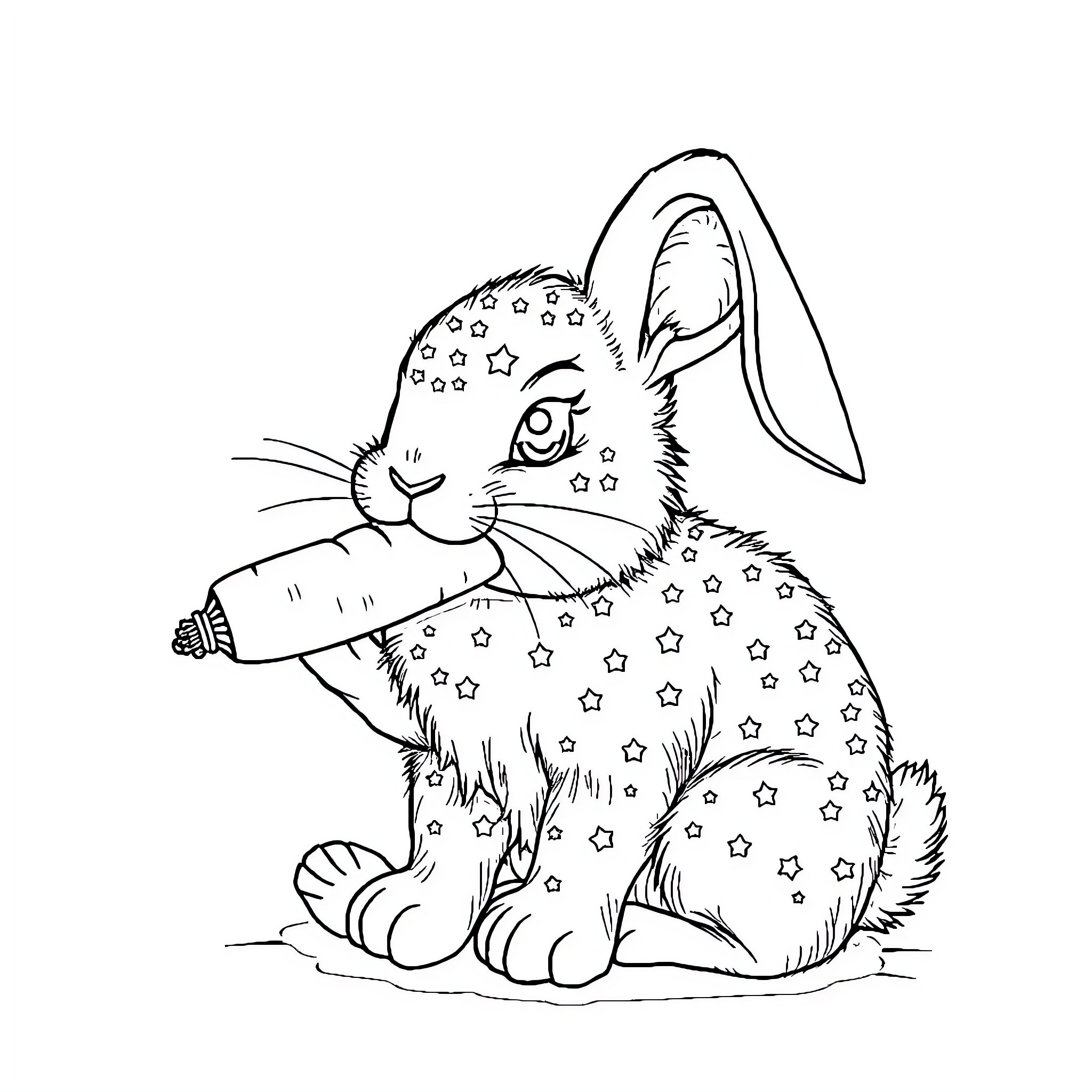 Bunny with Starry Outfit Sitting Happily Coloring Page (free black-and-white line drawing printable PDF for all, from beginners to advanced learners, including children, teens, adults, and seniors)