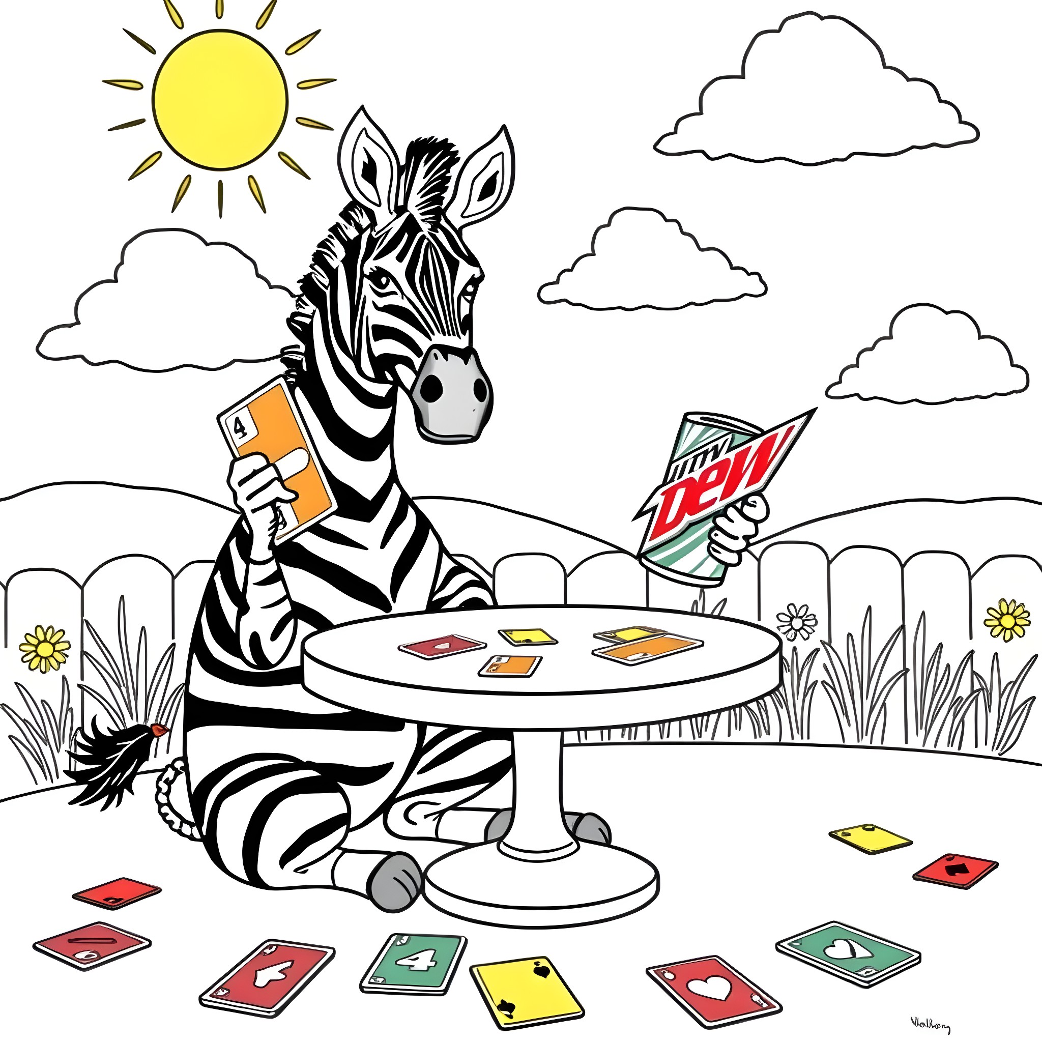 Zebra enjoying a game of cards in the outdoors Coloring Page (free black-and-white line drawing printable PDF for all, from beginners to advanced learners, including children, teens, adults, and seniors)