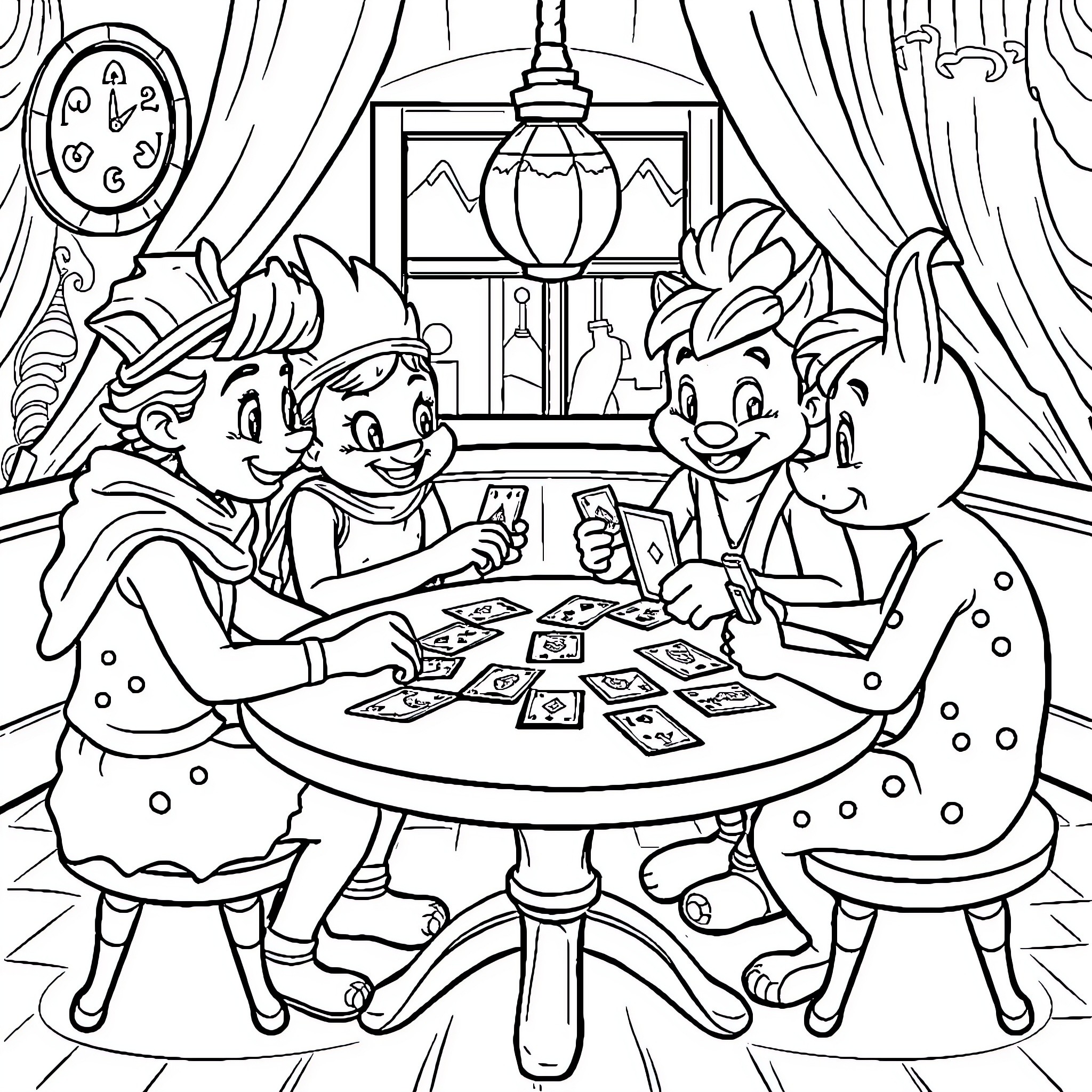Bubu Friends Playing Cards Together Coloring Page (free black-and-white line drawing printable PDF for all, from beginners to advanced learners, including children, teens, adults, and seniors)