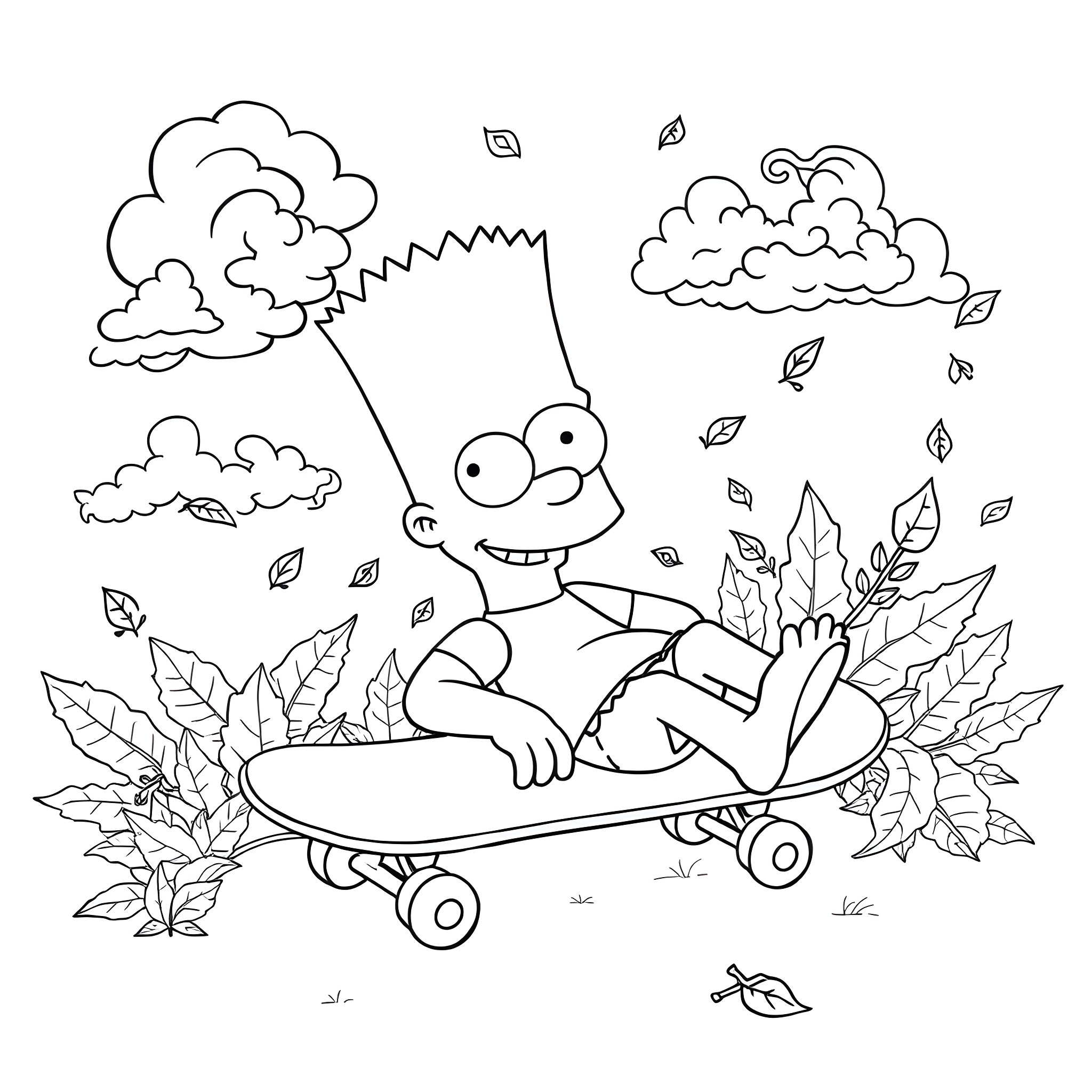 Bart Simpson enjoying a skateboard ride in nature Coloring Page (free black-and-white line drawing printable PDF for all, from beginners to advanced learners, including children, teens, adults, and seniors)