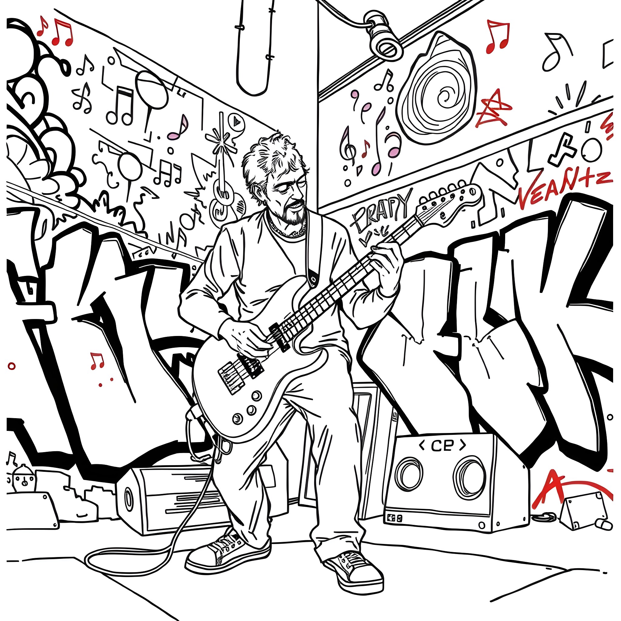 Guitarist shredding on stage with musical elements Coloring Page (free black-and-white line drawing printable PDF for all, from beginners to advanced learners, including children, teens, adults, and seniors)