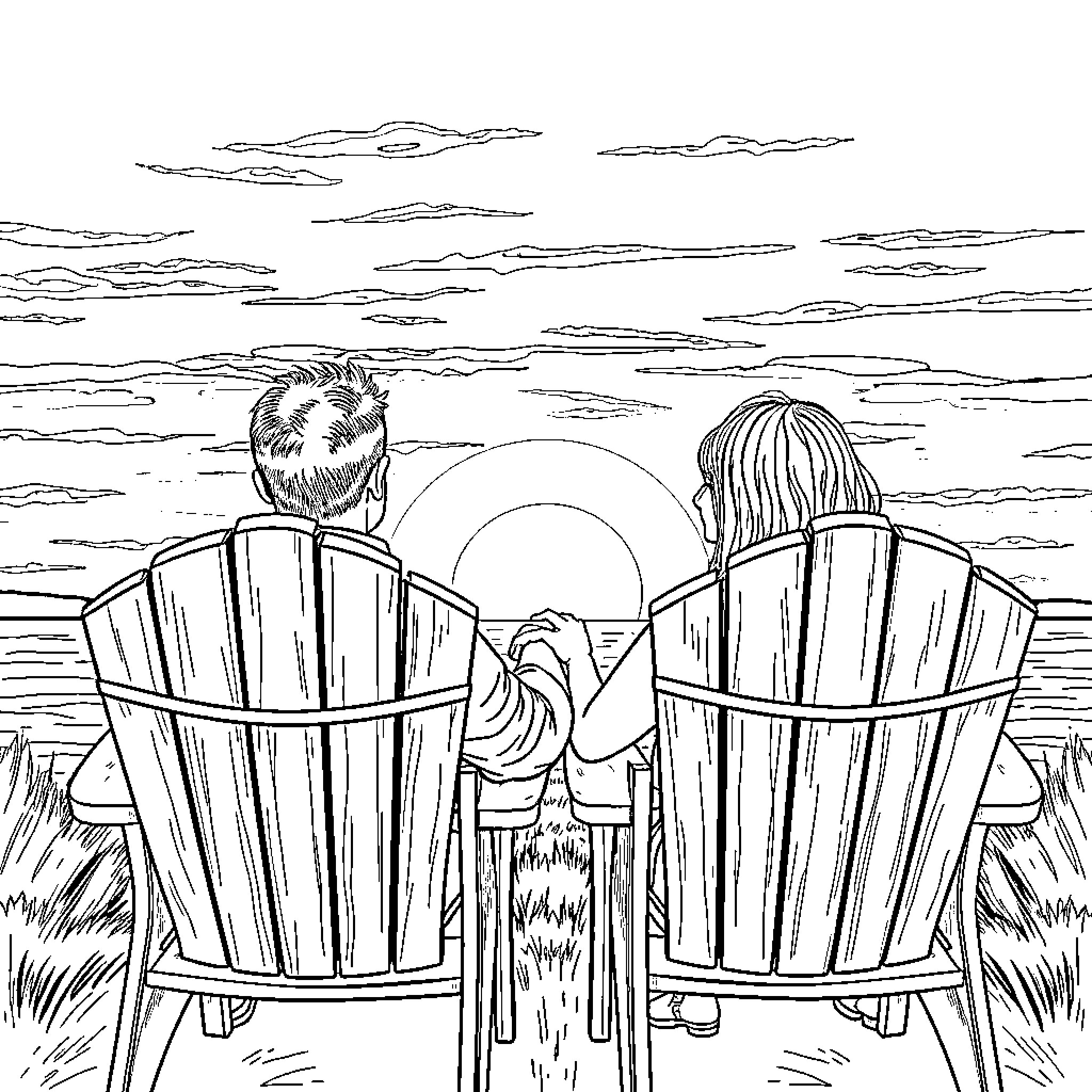 Adirondack Chairs Facing Sunset by the Lakeside Coloring Page (free black-and-white line drawing printable PDF for all, from beginners to advanced learners, including children, teens, adults, and seniors)