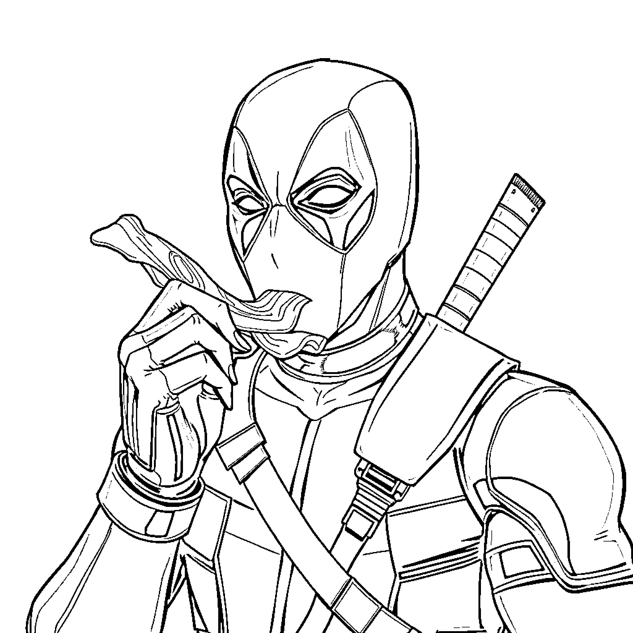 Deadpool Wields His Signature Swords in Action Coloring Page (free black-and-white line drawing printable PDF for all, from beginners to advanced learners, including children, teens, adults, and seniors)