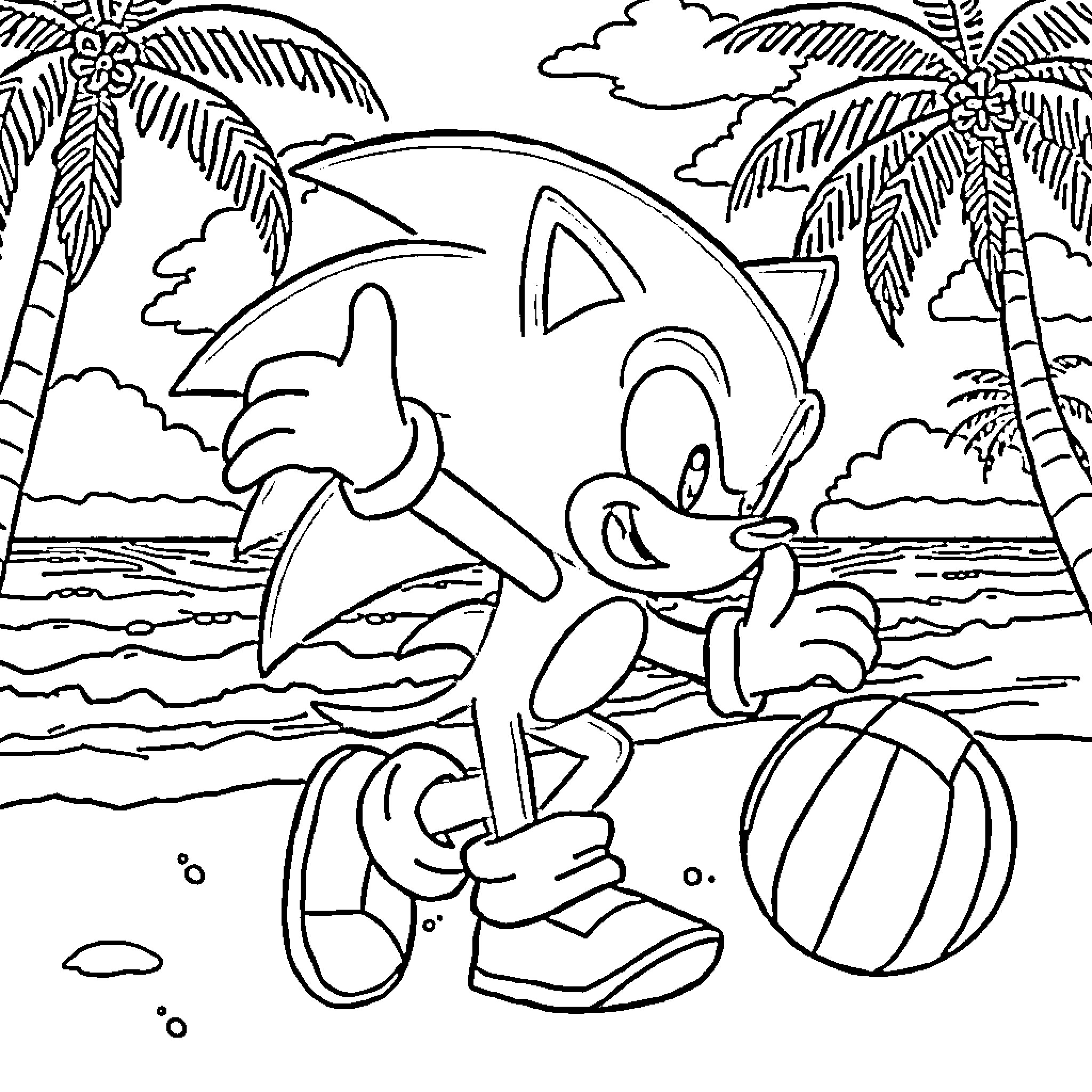 Sonic enjoying a beach day with a beach ball Coloring Page (free black-and-white line drawing printable PDF for all, from beginners to advanced learners, including children, teens, adults, and seniors)