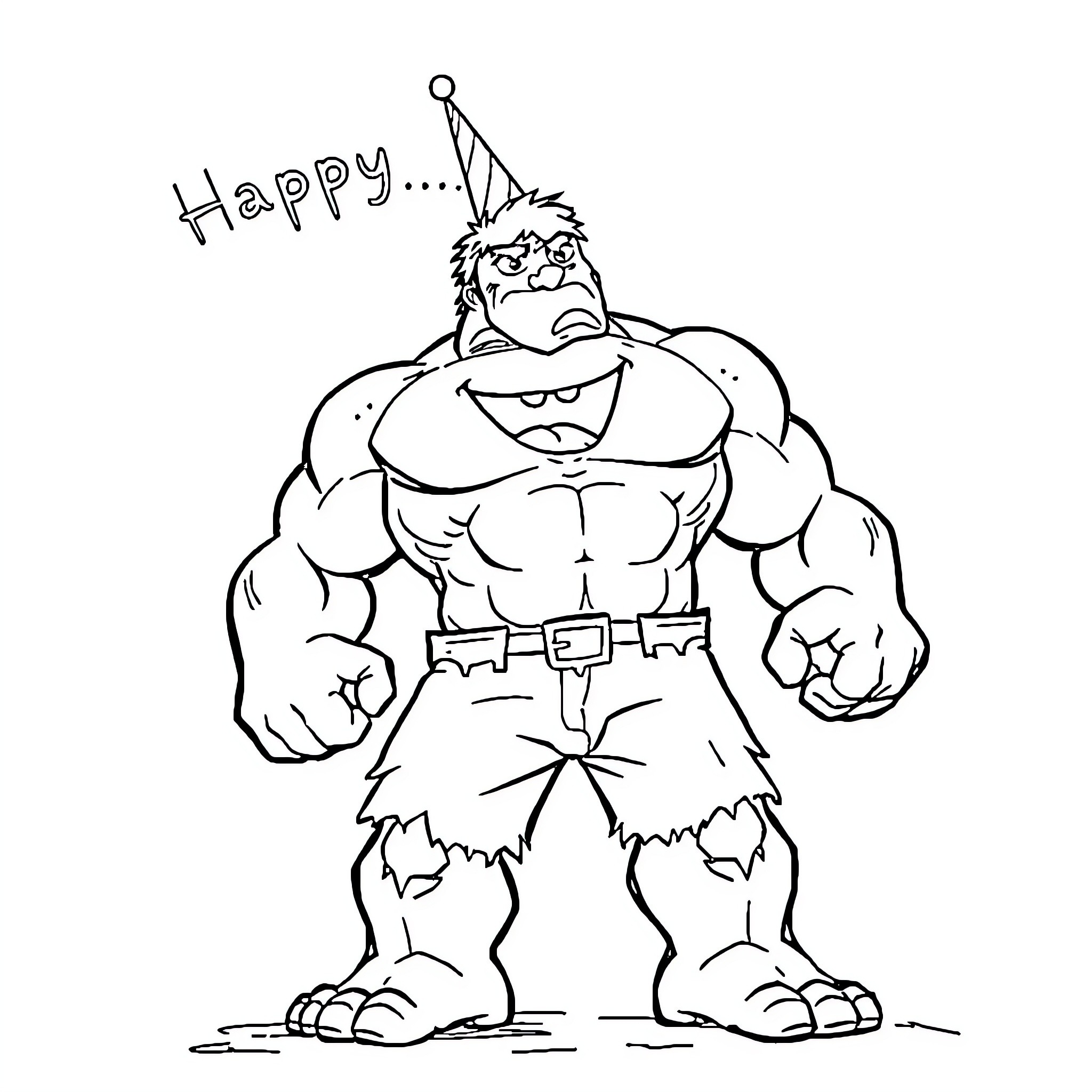 Hulk Celebrates Happy Birthday in Cartoon Style Coloring Page (free black-and-white line drawing printable PDF for all, from beginners to advanced learners, including children, teens, adults, and seniors)