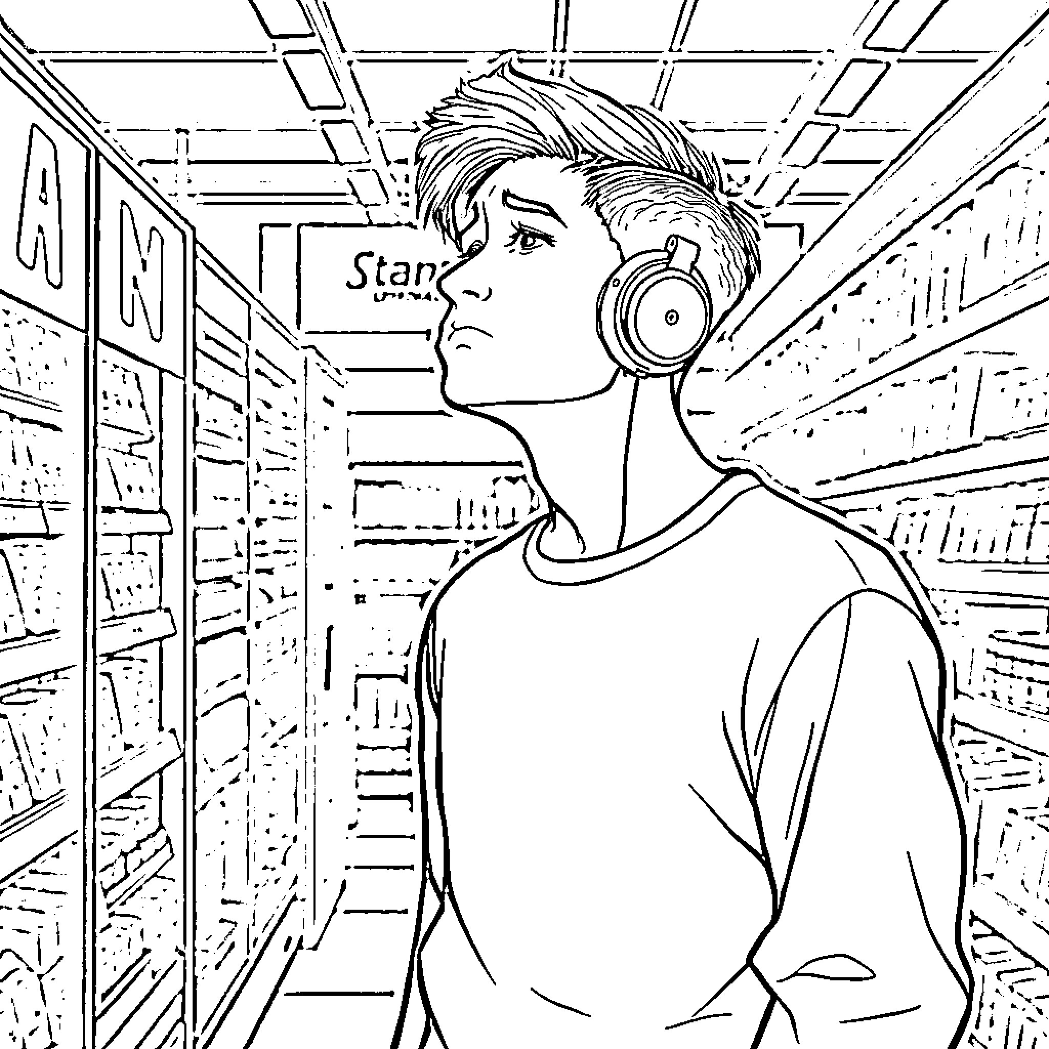 Millennial in Headphones Exploring Shelves Coloring Page (free black-and-white line drawing printable PDF for all, from beginners to advanced learners, including children, teens, adults, and seniors)