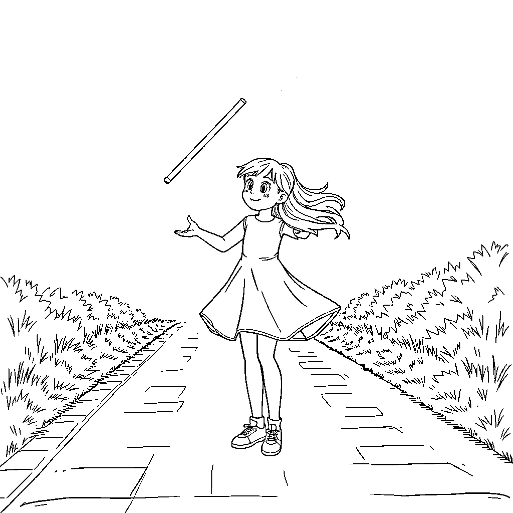 Girl walking along a path in nature Coloring Page (free black-and-white line drawing printable PDF for all, from beginners to advanced learners, including children, teens, adults, and seniors)