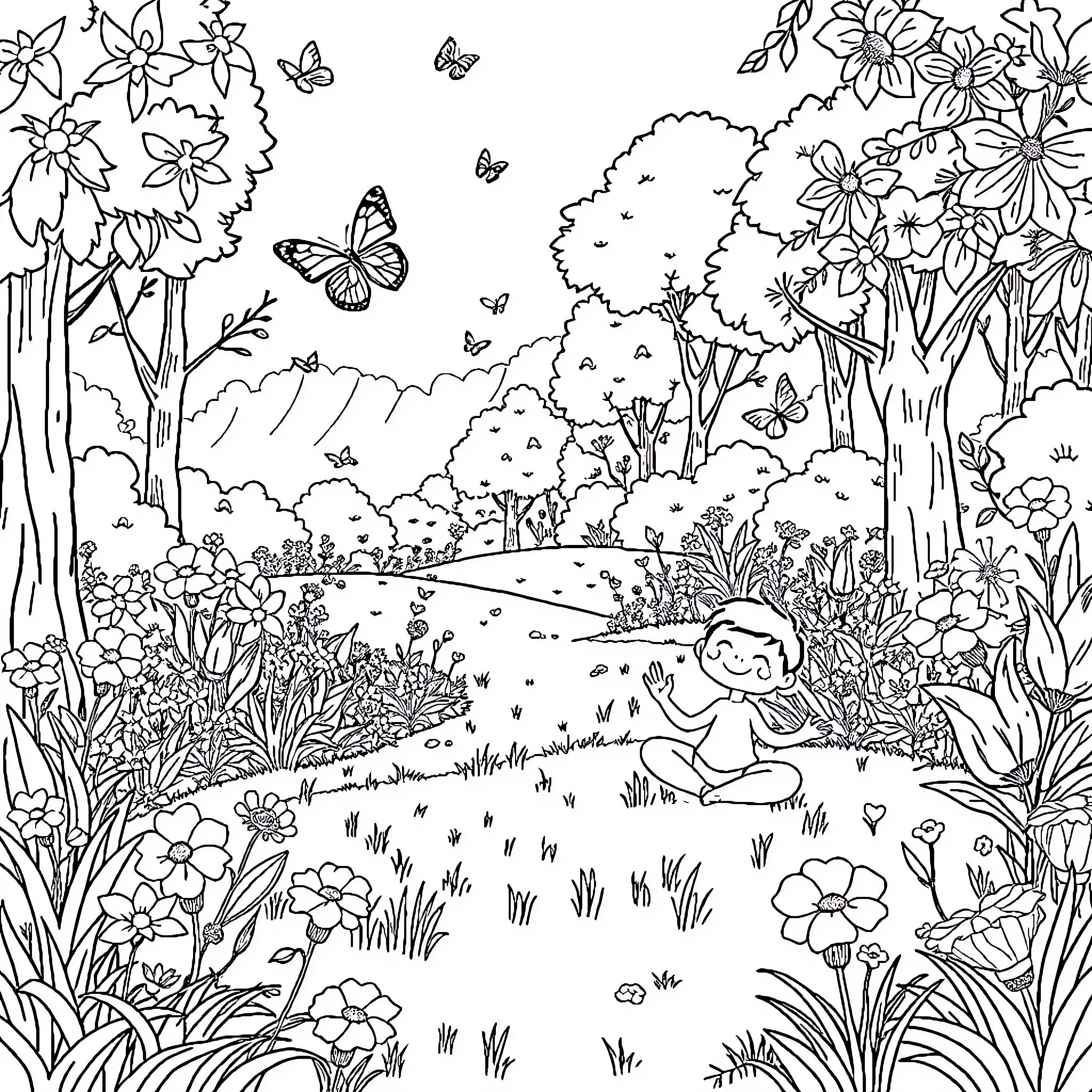 Garden filled with flowers, butterflies, and a child playing Coloring Page (free black-and-white line drawing printable PDF for all, from beginners to advanced learners, including children, teens, adults, and seniors)