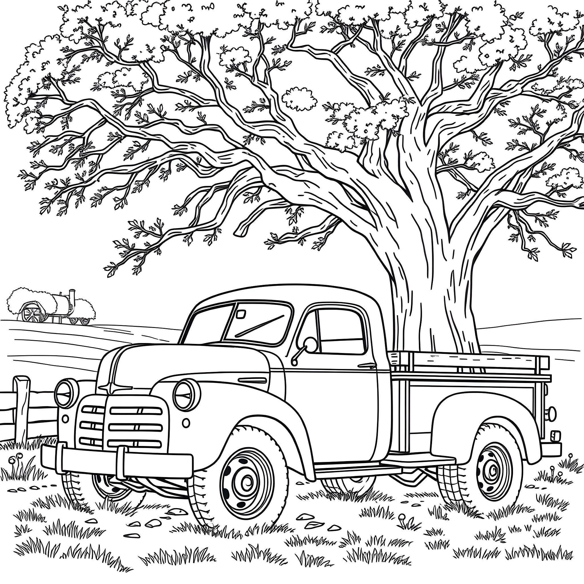 Truck parked under a large, twisted tree in the countryside Coloring Page (free black-and-white line drawing printable PDF for all, from beginners to advanced learners, including children, teens, adults, and seniors)