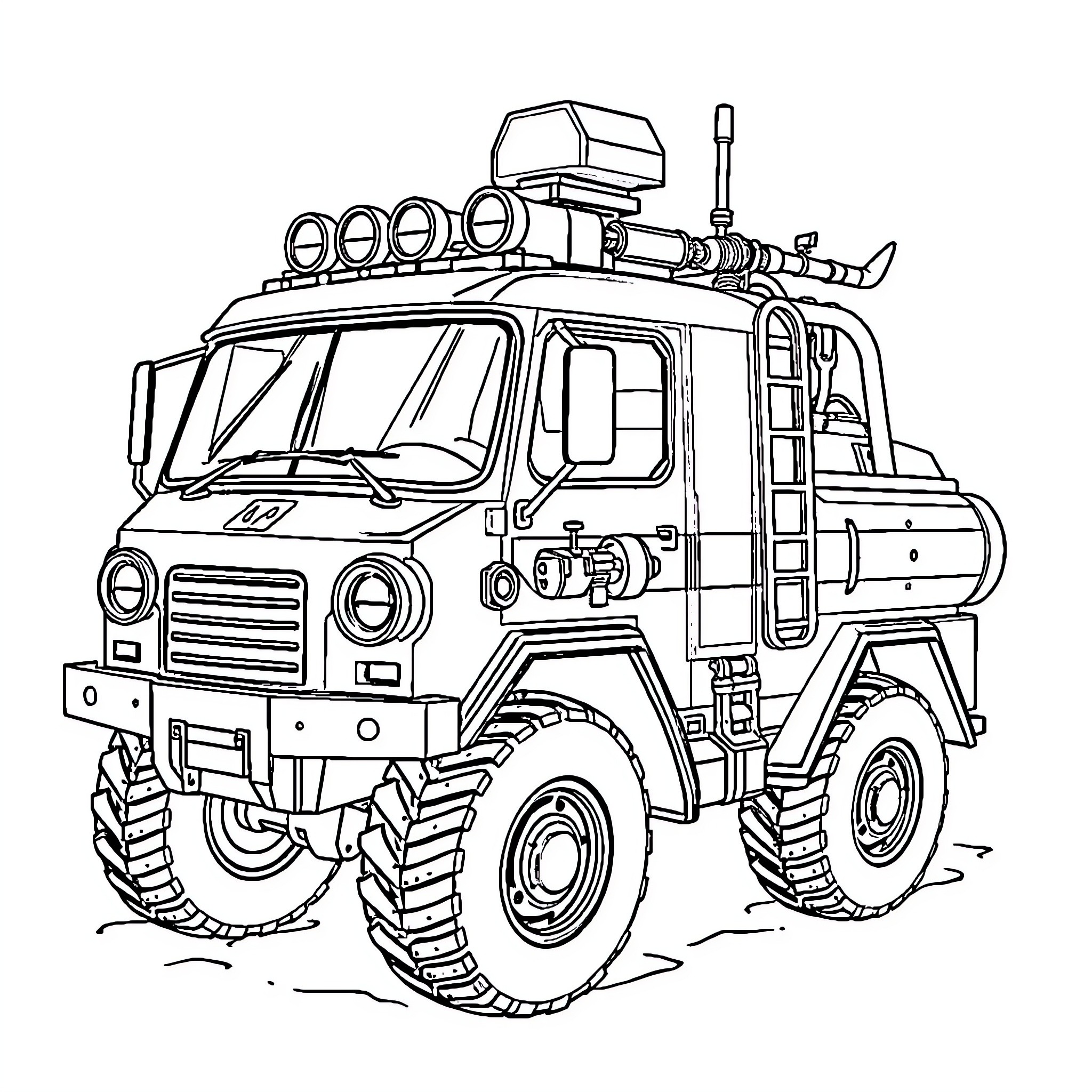 Fire Truck Equipped for Off-Road Rescue Operations Coloring Page (free black-and-white line drawing printable PDF for all, from beginners to advanced learners, including children, teens, adults, and seniors)
