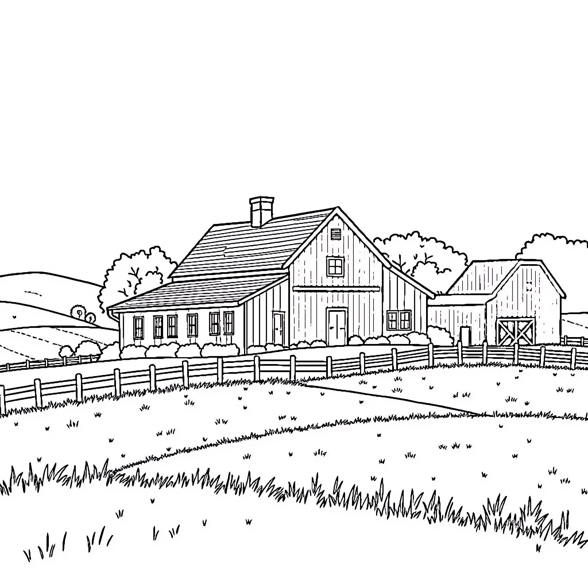 Farmhouse with scenic rural landscape Coloring Page (free black-and-white line drawing printable PDF for all, from beginners to advanced learners, including children, teens, adults, and seniors)