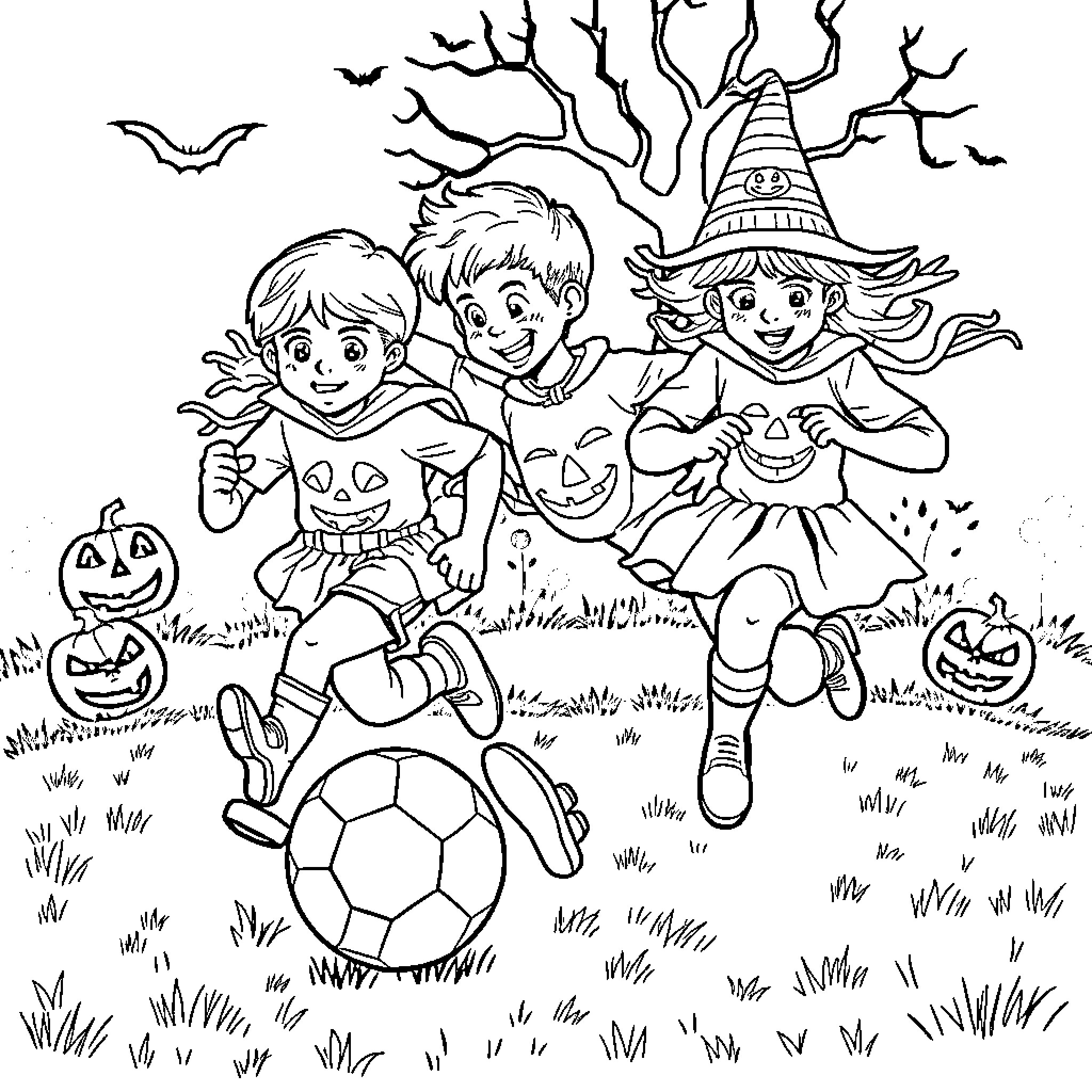 Kid's Halloween Celebration with Spooky Decorations Coloring Page (free black-and-white line drawing printable PDF for all, from beginners to advanced learners, including children, teens, adults, and seniors)