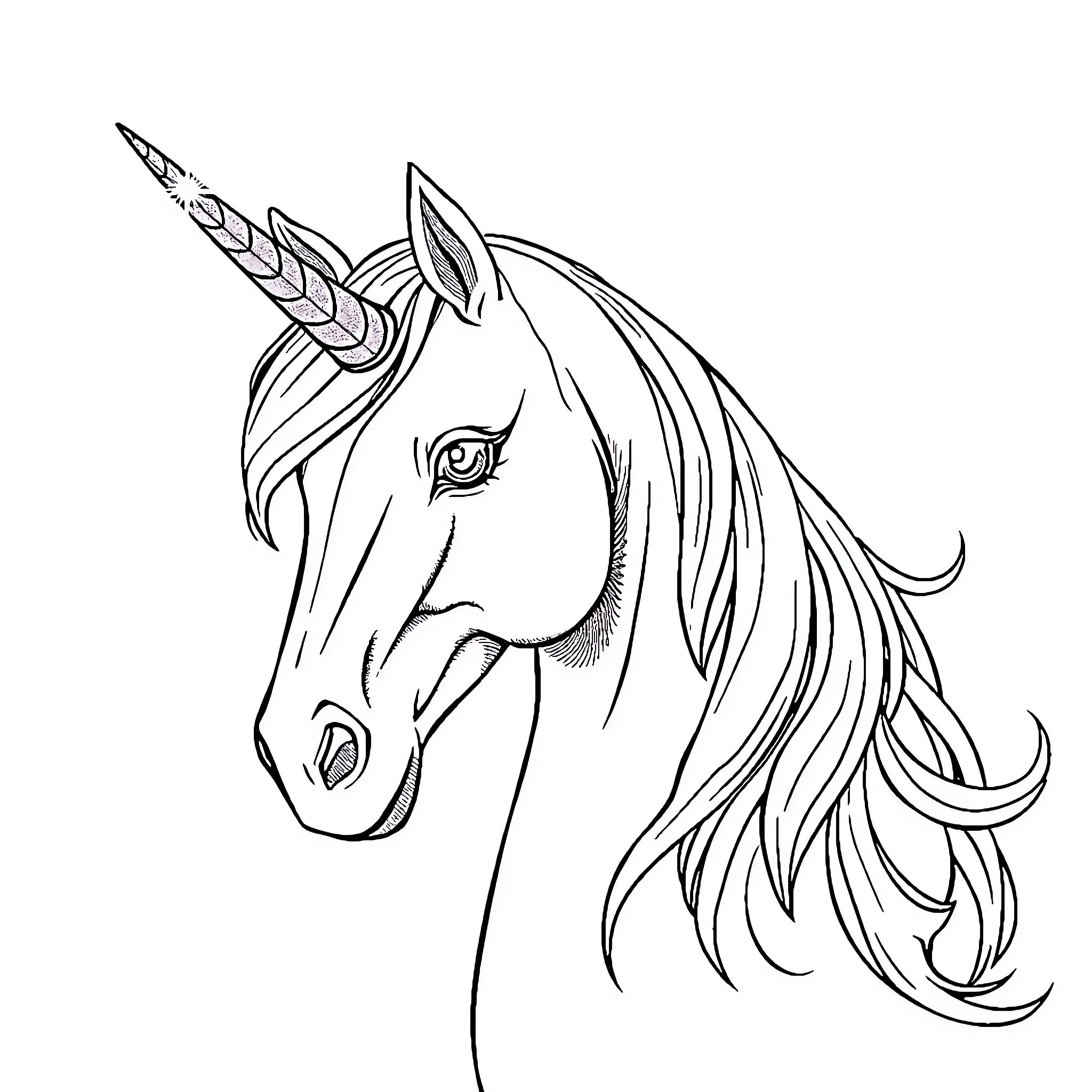 Unicorn with intricate horn and flowing mane Coloring Page (free black-and-white line drawing printable PDF for all, from beginners to advanced learners, including children, teens, adults, and seniors)