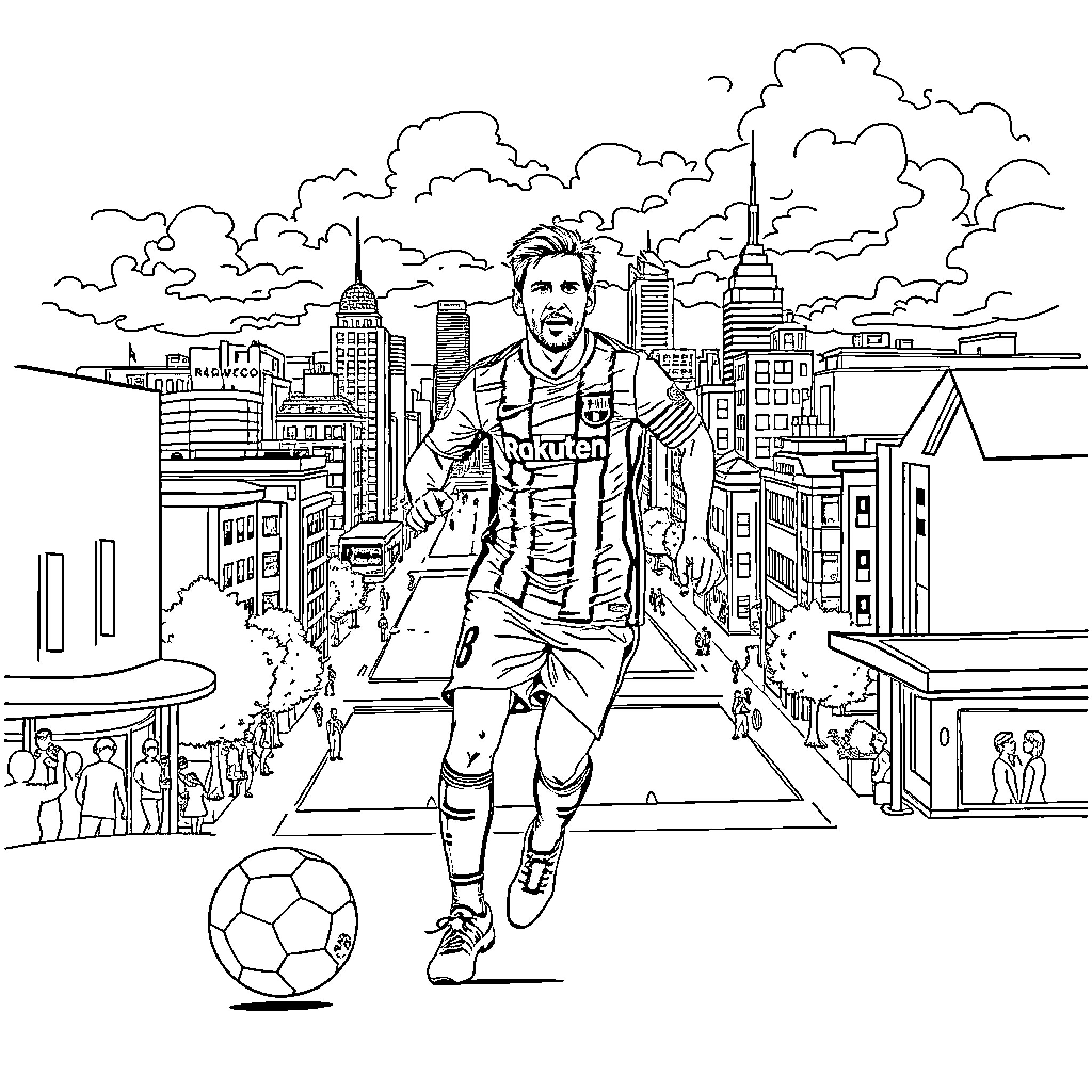 Messi strolling through a bustling cityscape Coloring Page (free black-and-white line drawing printable PDF for all, from beginners to advanced learners, including children, teens, adults, and seniors)