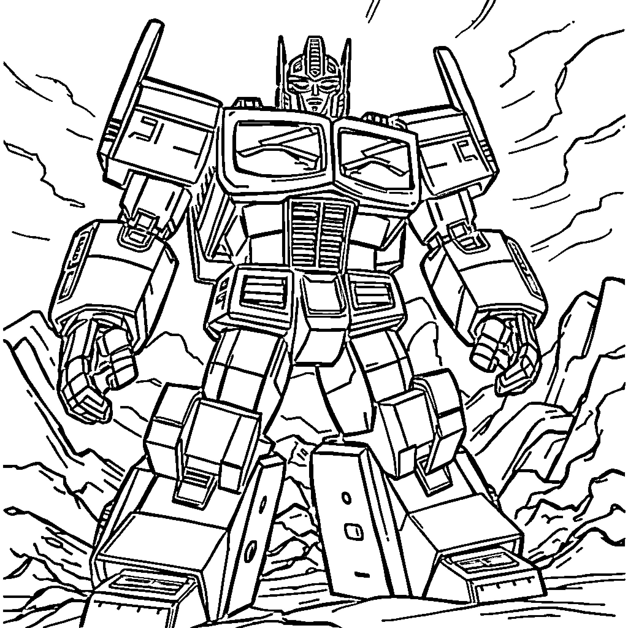 Optimus Prime charging into action Coloring Page (free black-and-white line drawing printable PDF for all, from beginners to advanced learners, including children, teens, adults, and seniors)