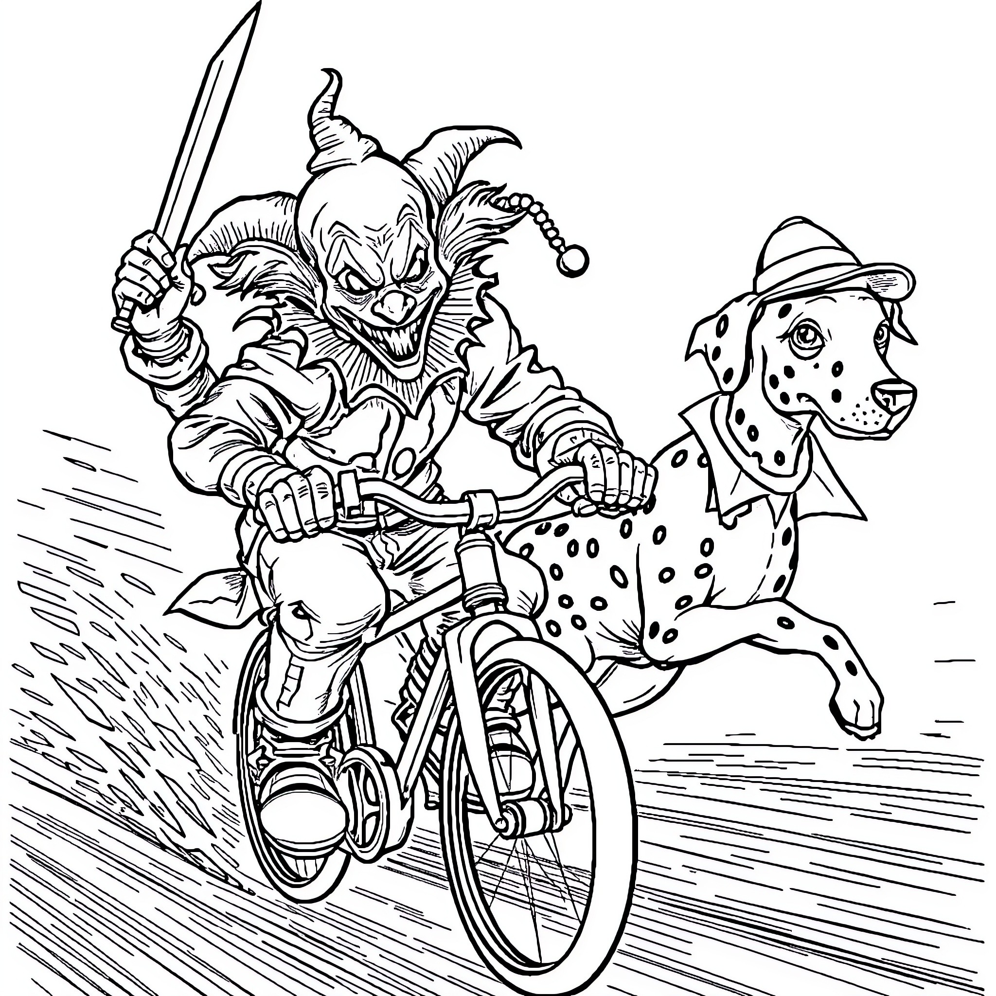 Clown Riding Bicycle and Chasing Spotted Dog Coloring Page (free black-and-white line drawing printable PDF for all, from beginners to advanced learners, including children, teens, adults, and seniors)