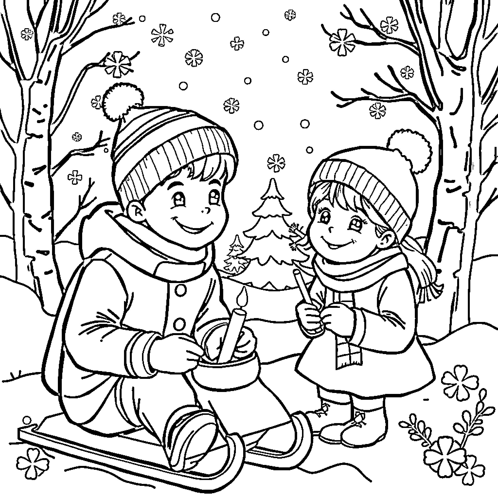 Boy and Girl Sledding and Enjoying Winter Scenery Coloring Page (free black-and-white line drawing printable PDF for all, from beginners to advanced learners, including children, teens, adults, and seniors)