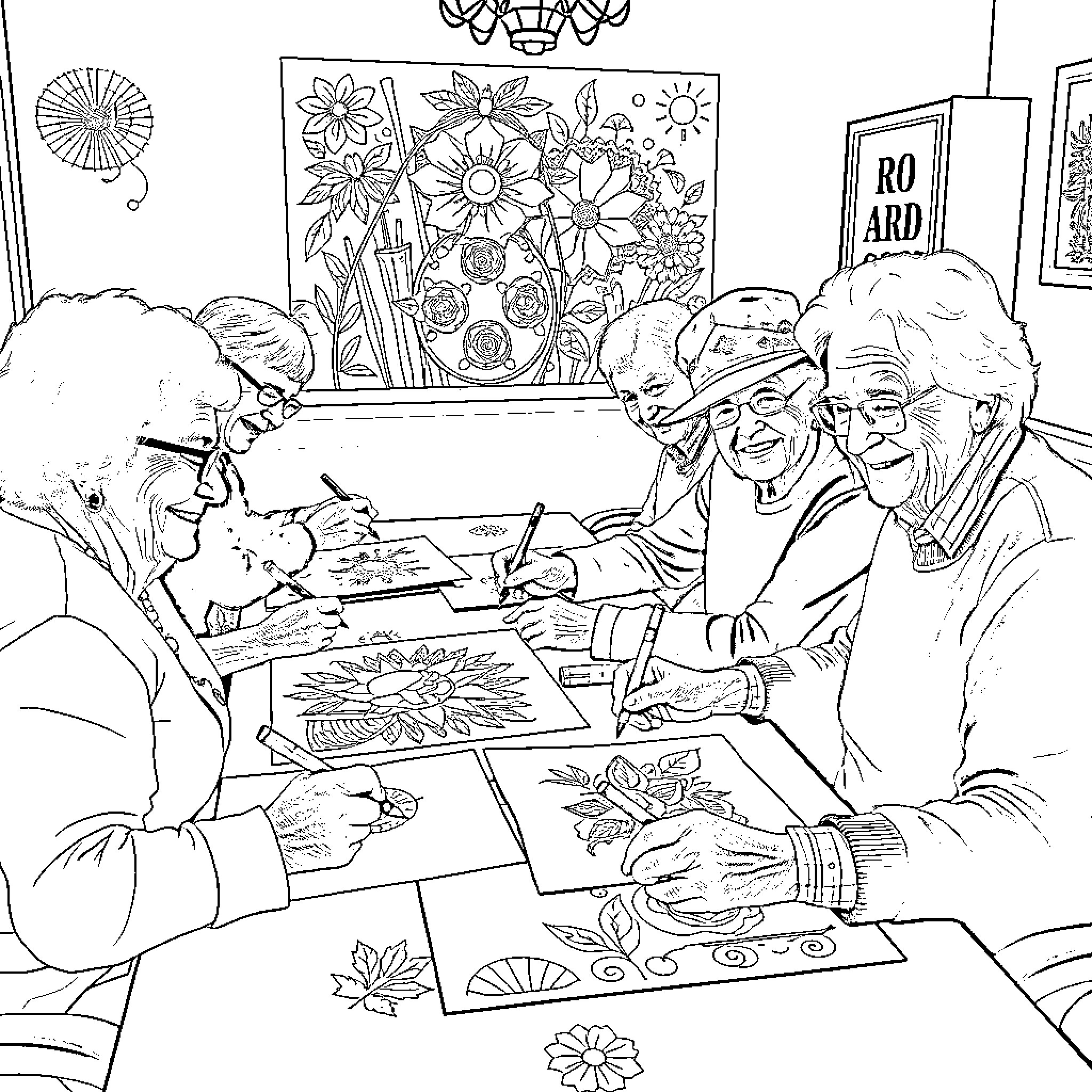 Resident artists crafting colorful designs together Coloring Page (free black-and-white line drawing printable PDF for all, from beginners to advanced learners, including children, teens, adults, and seniors)
