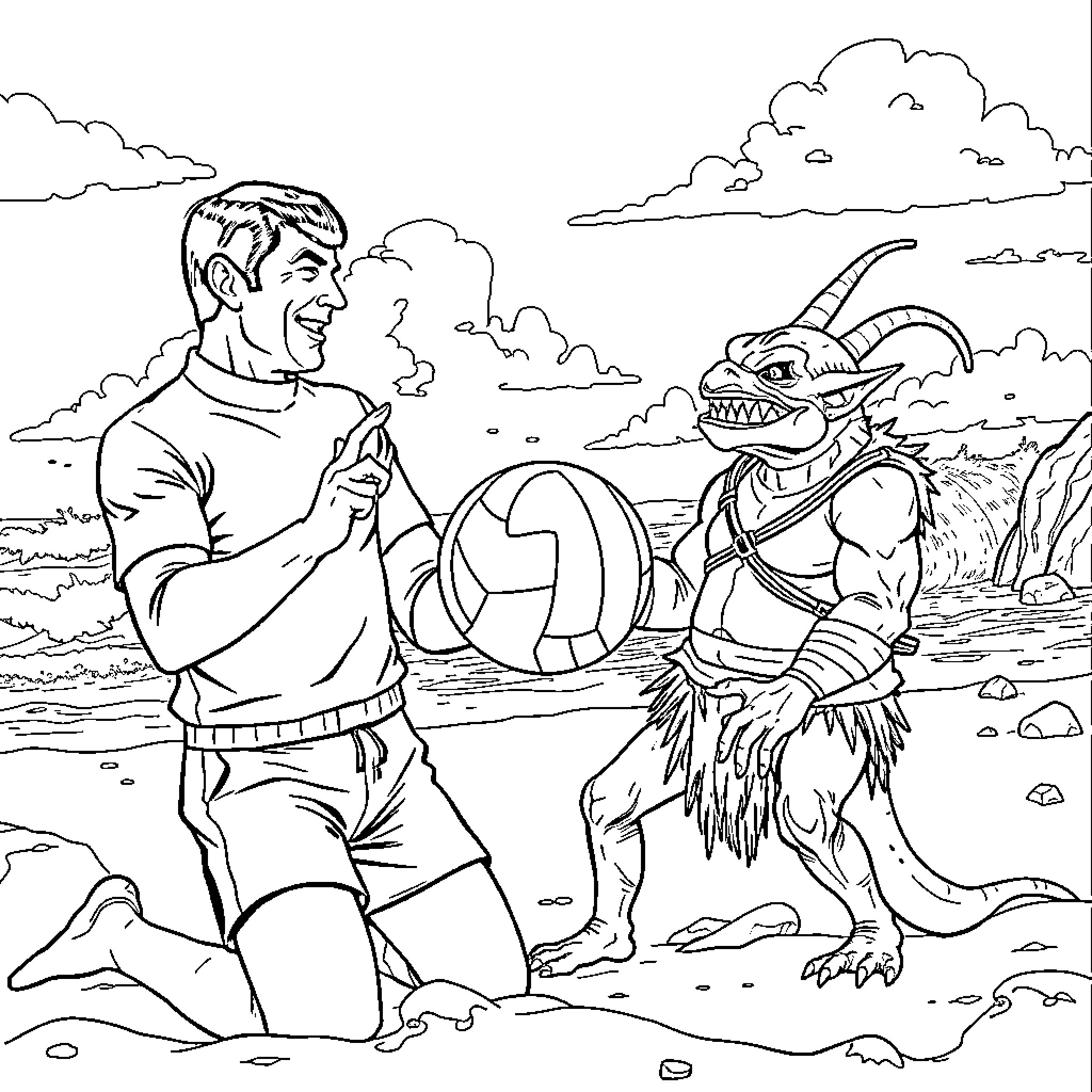 Captain Kirk Encounters Alien Creature on Remote Planet Coloring Page (free black-and-white line drawing printable PDF for all, from beginners to advanced learners, including children, teens, adults, and seniors)