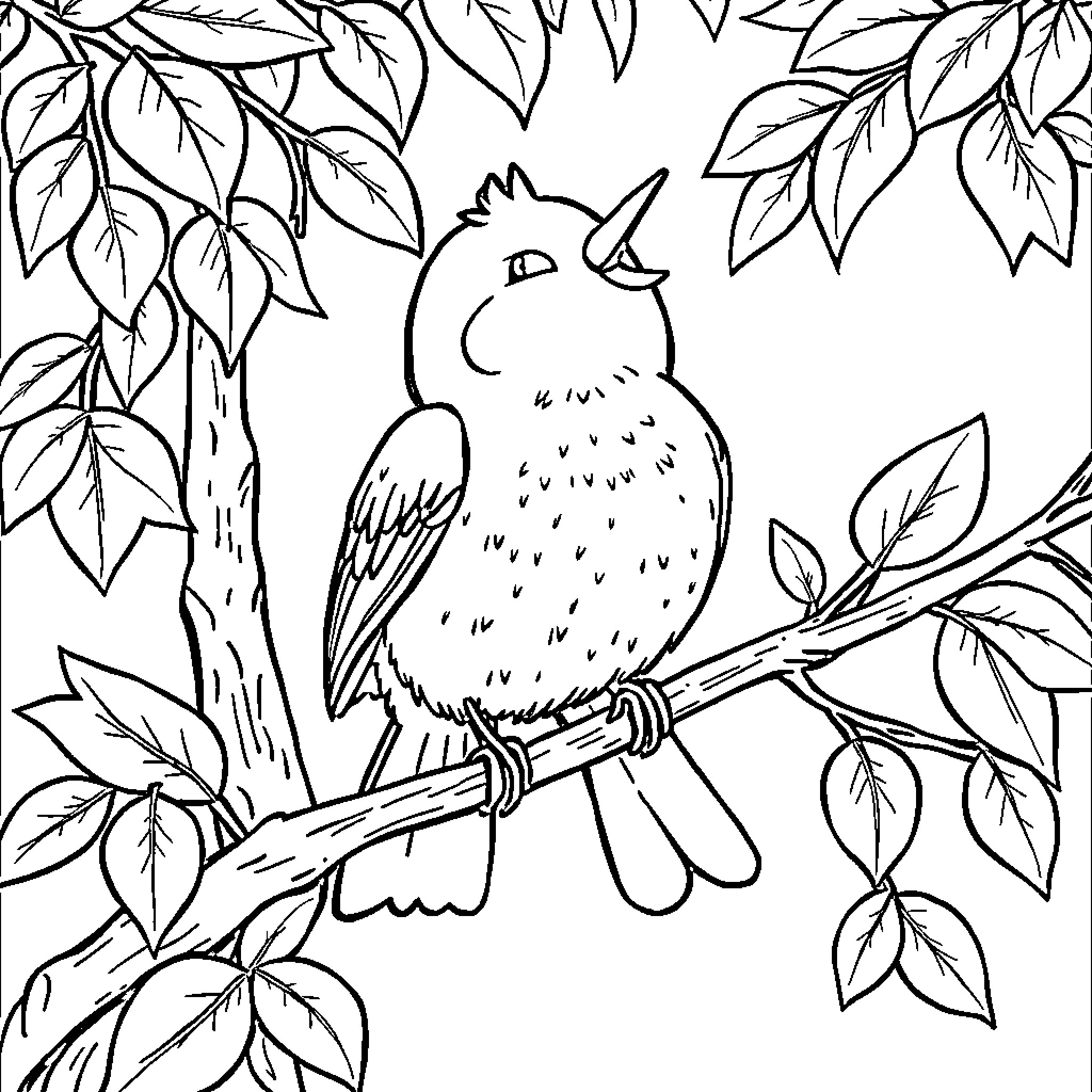 Blu Bird Perching Amidst Lush Foliage Coloring Page (free black-and-white line drawing printable PDF for all, from beginners to advanced learners, including children, teens, adults, and seniors)