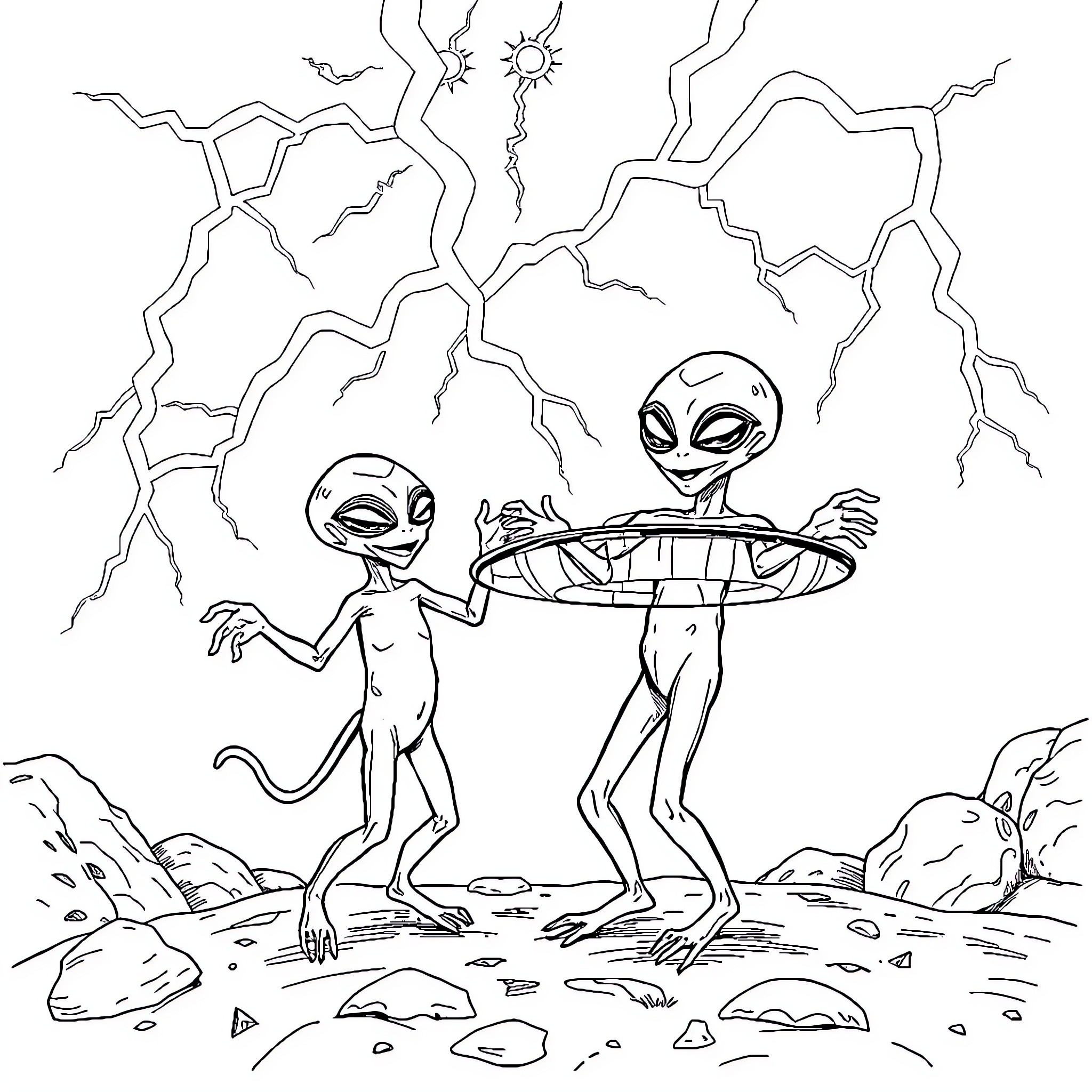 Alien Explorers Examining Strange Landscape Coloring Page (free black-and-white line drawing printable PDF for all, from beginners to advanced learners, including children, teens, adults, and seniors)