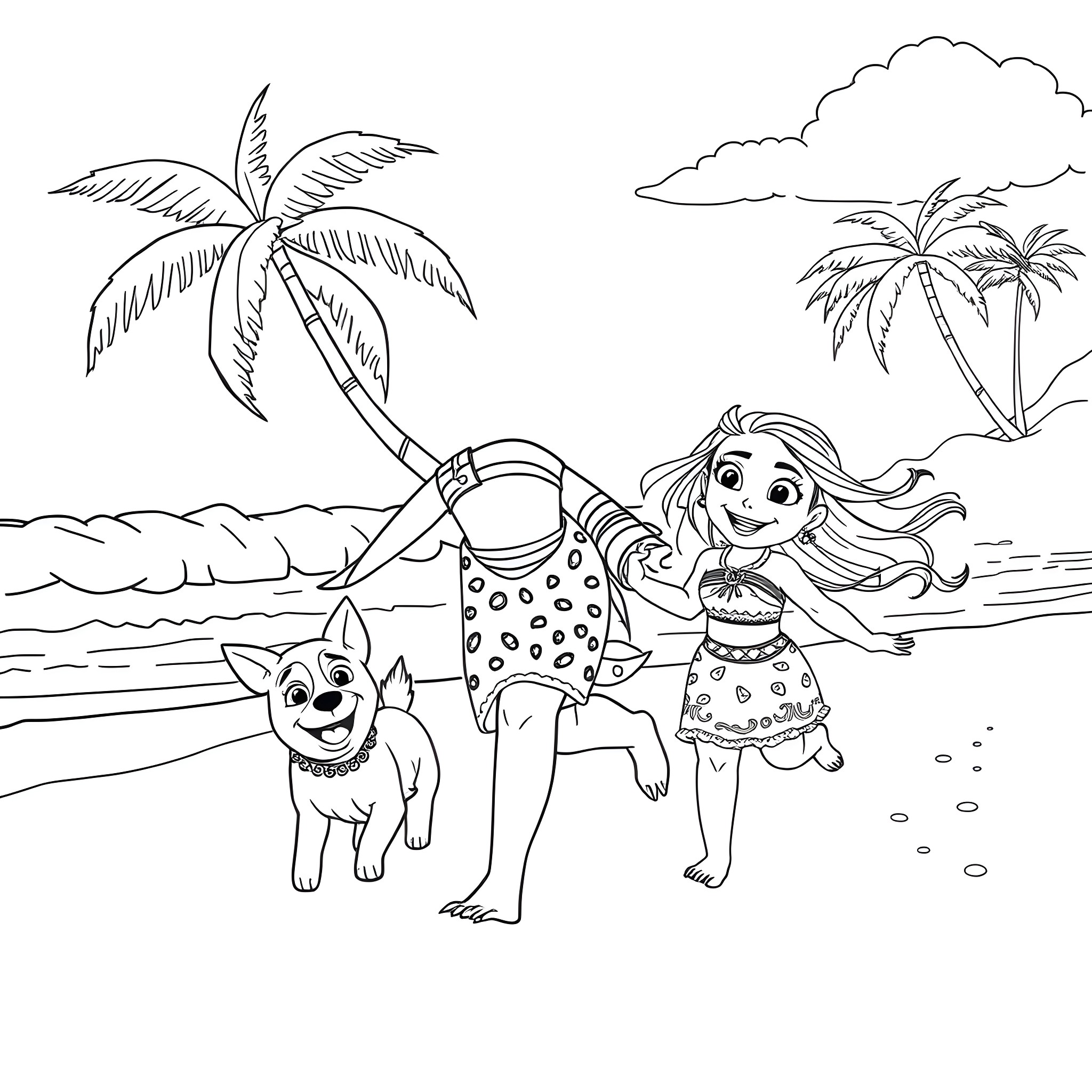 Moana enjoying a day at the beach with her pet Coloring Page (free black-and-white line drawing printable PDF for all, from beginners to advanced learners, including children, teens, adults, and seniors)