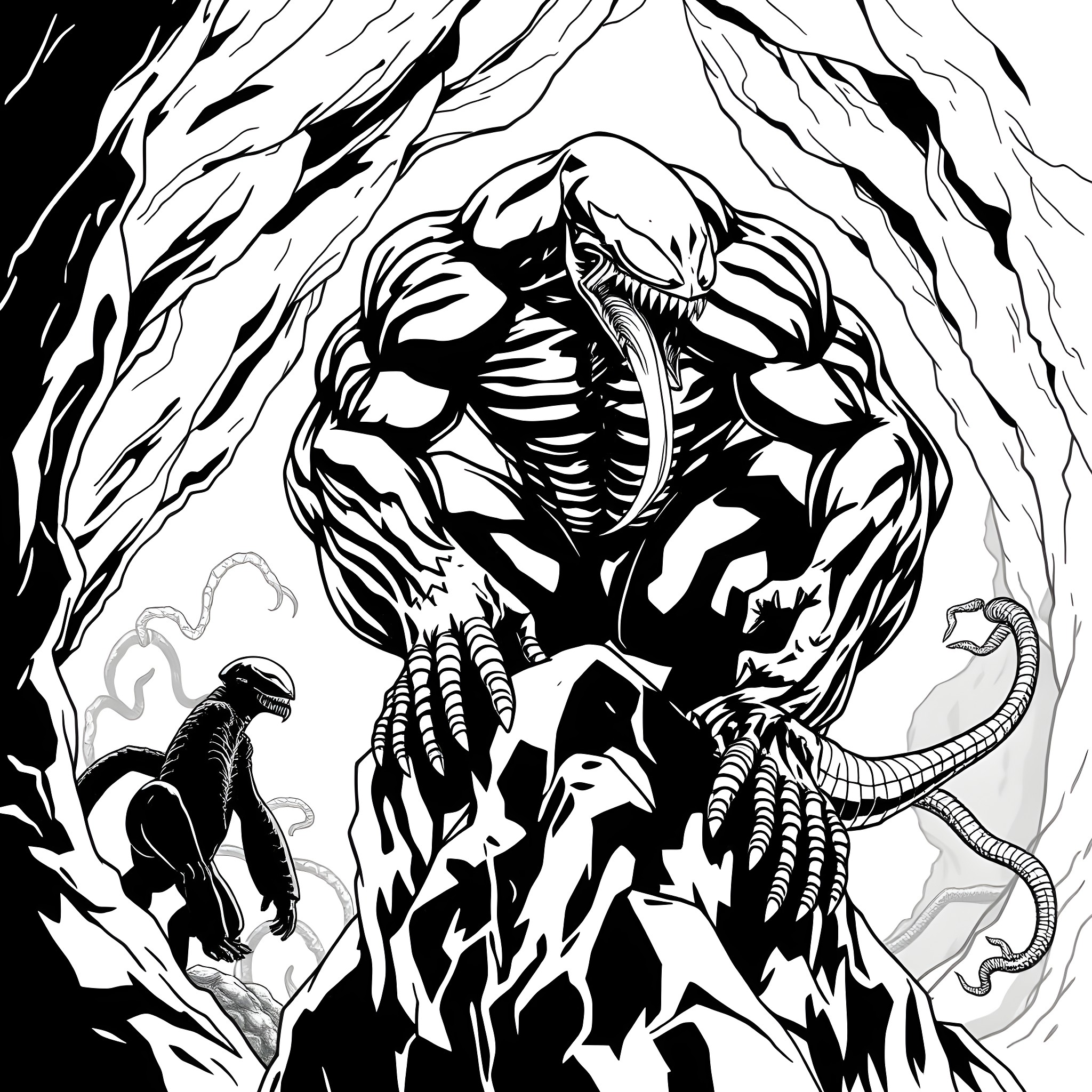 Venom's Menacing Appearance in the Darkness Coloring Page (free black-and-white line drawing printable PDF for all, from beginners to advanced learners, including children, teens, adults, and seniors)