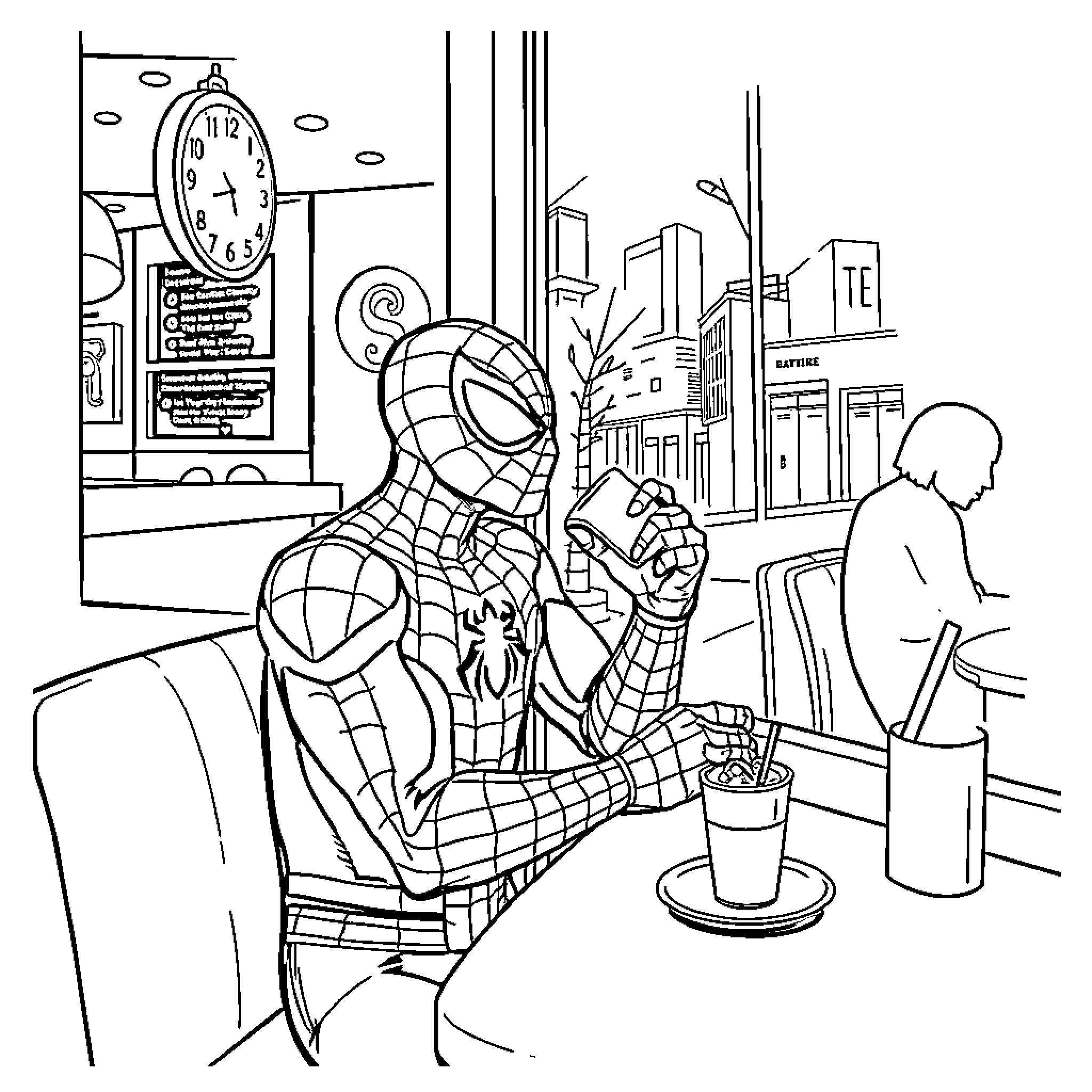 Spiderman relaxing in a coffee shop Coloring Page (free black-and-white line drawing printable PDF for all, from beginners to advanced learners, including children, teens, adults, and seniors)