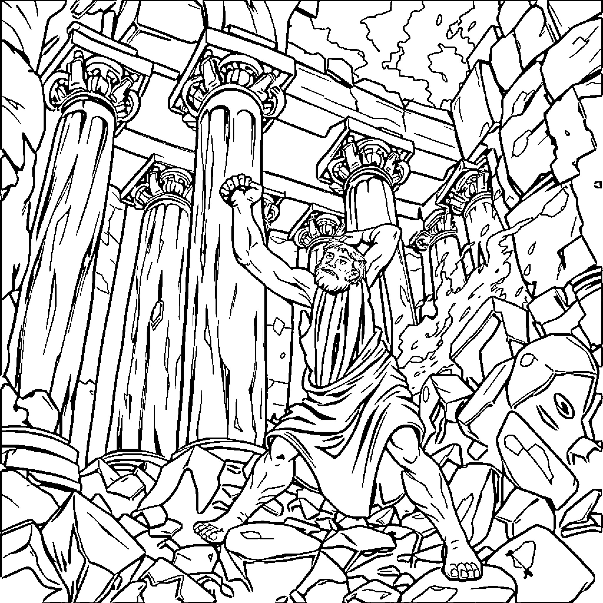 Samson Destroys the Philistine Temple Coloring Page (free black-and-white line drawing printable PDF for all, from beginners to advanced learners, including children, teens, adults, and seniors)