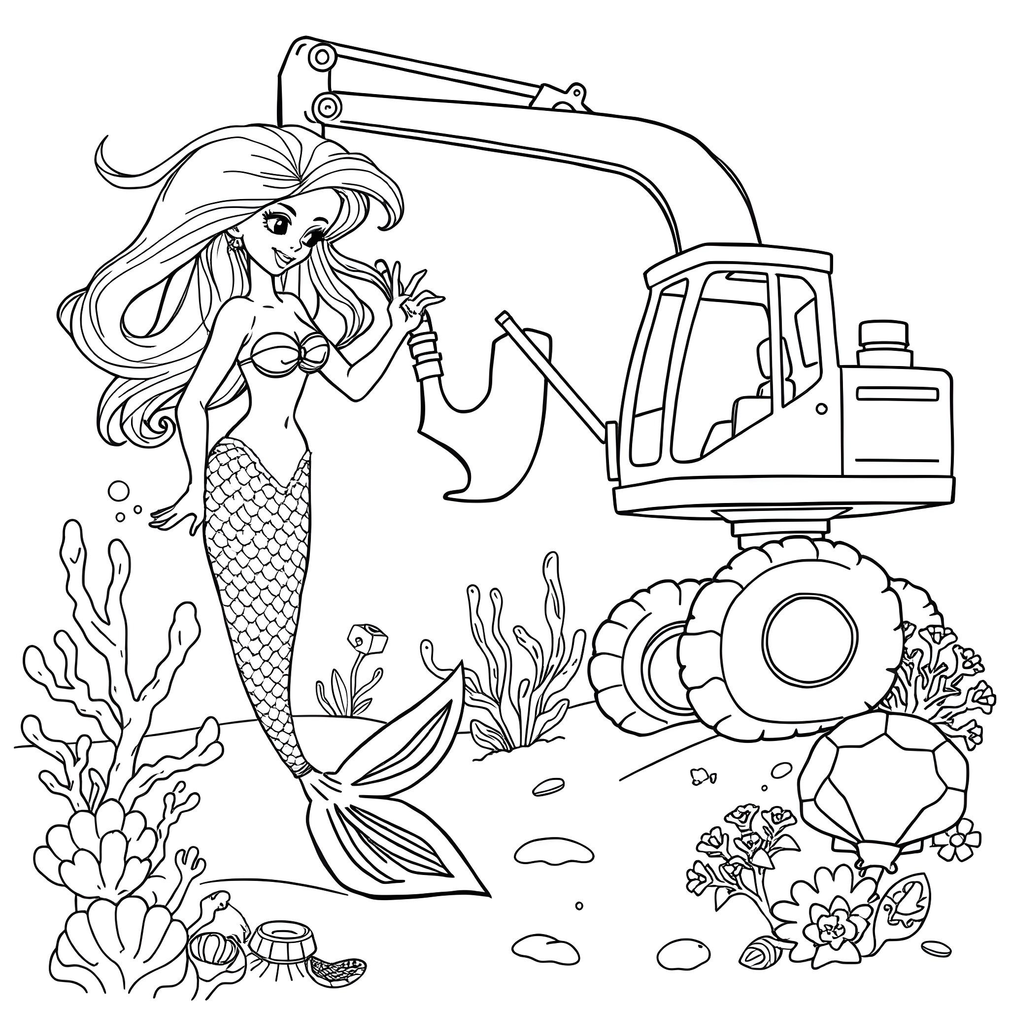 Mermaid exploring the ocean with a construction machine Coloring Page (free black-and-white line drawing printable PDF for all, from beginners to advanced learners, including children, teens, adults, and seniors)
