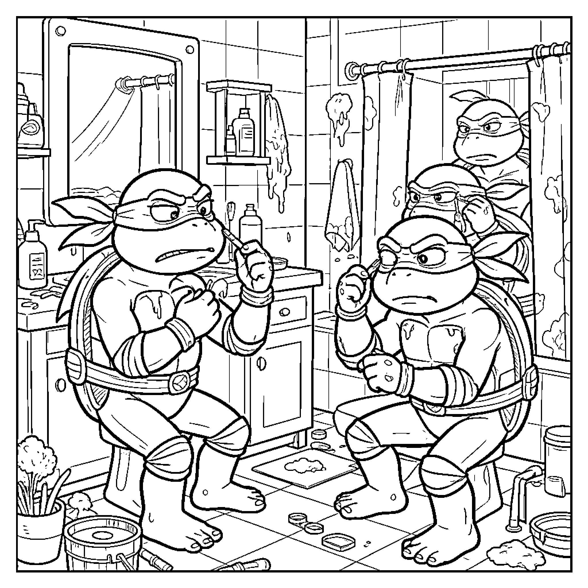 Ninja Turtles fixing equipment in messy home Coloring Page (free black-and-white line drawing printable PDF for all, from beginners to advanced learners, including children, teens, adults, and seniors)