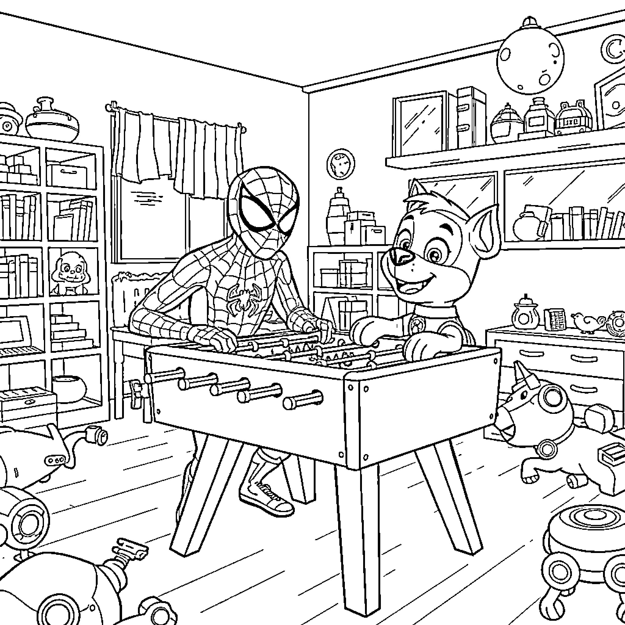 Spider-Man working on a project with a pet dog Coloring Page (free black-and-white line drawing printable PDF for all, from beginners to advanced learners, including children, teens, adults, and seniors)