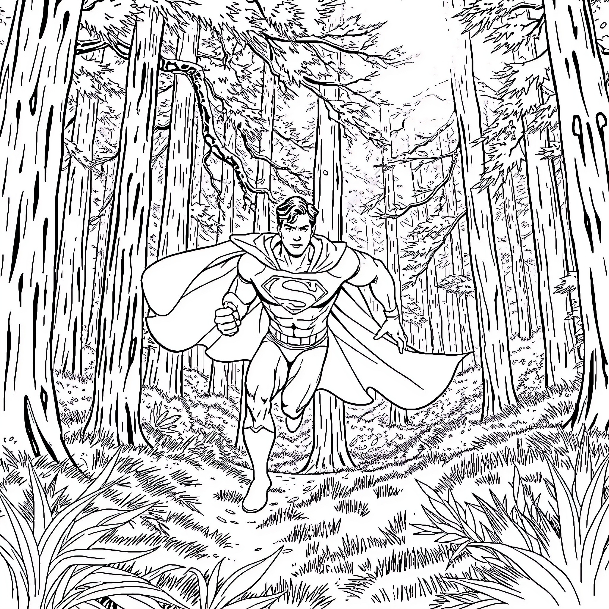 Superman heroically flies through the forest Coloring Page (free black-and-white line drawing printable PDF for all, from beginners to advanced learners, including children, teens, adults, and seniors)