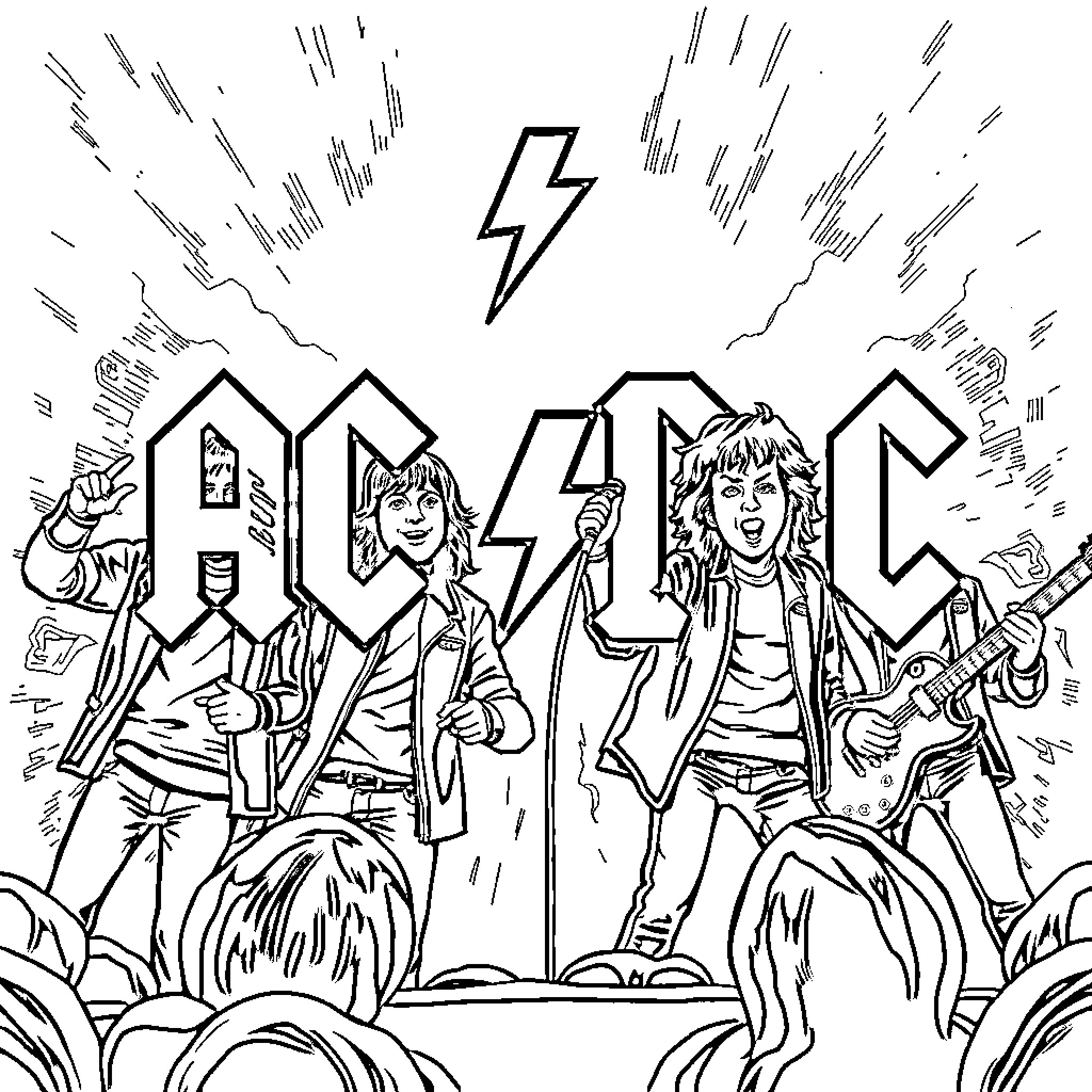 AC/DC Rockers Performing for Energetic Crowd Coloring Page (free black-and-white line drawing printable PDF for all, from beginners to advanced learners, including children, teens, adults, and seniors)